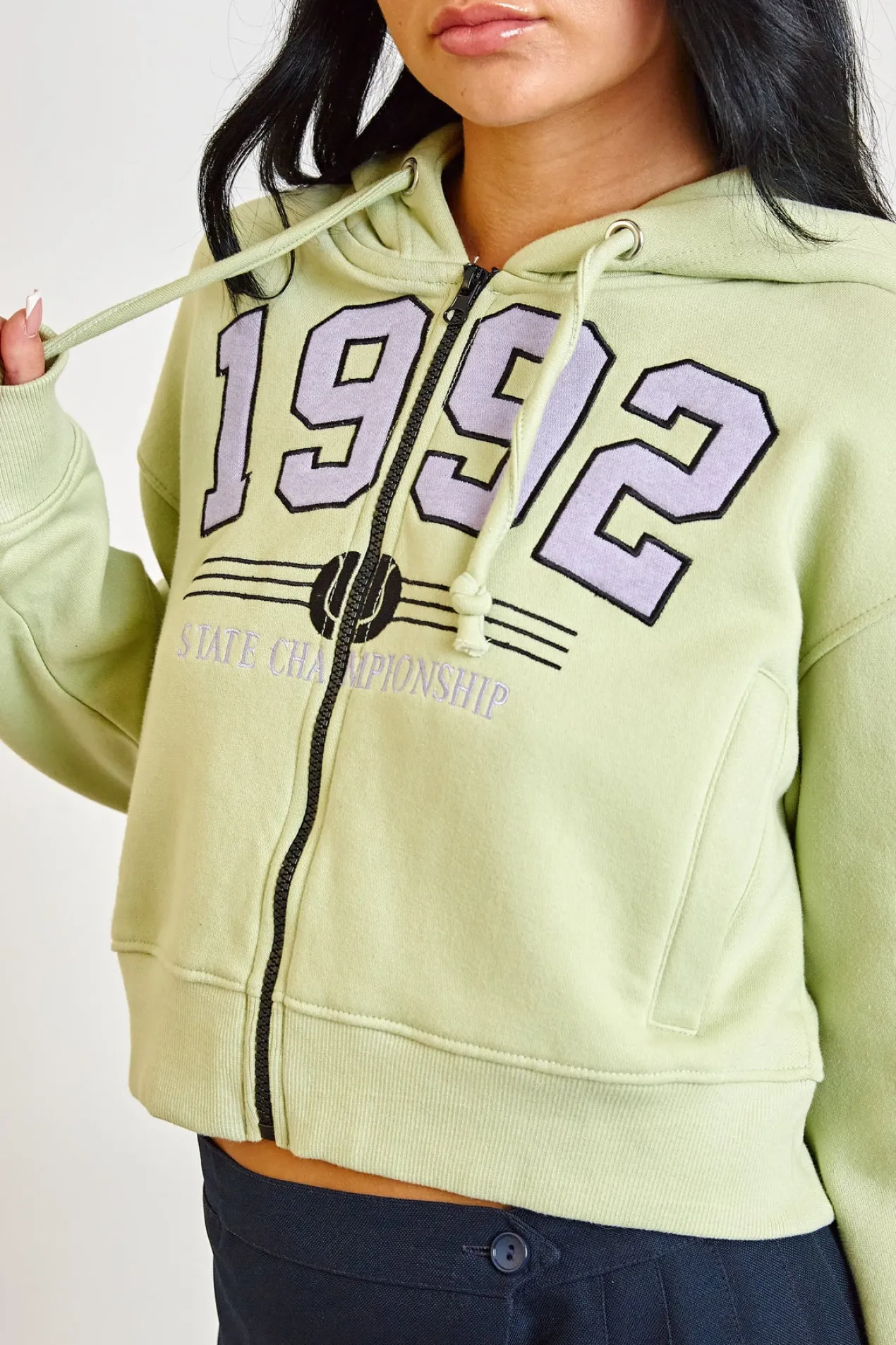 Women Daisy Street Tops-1992 Applique Zip Front Hoodie