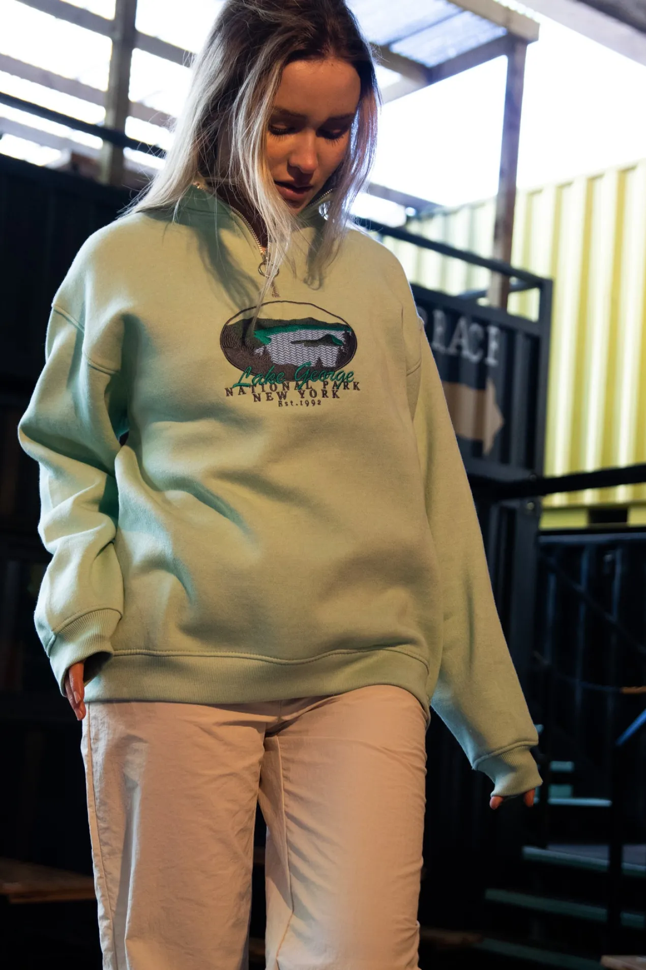 Women Daisy Street Hoodies & Sweatshirts-1/4 Zip Boyfriend Sweater with Embroidered Print