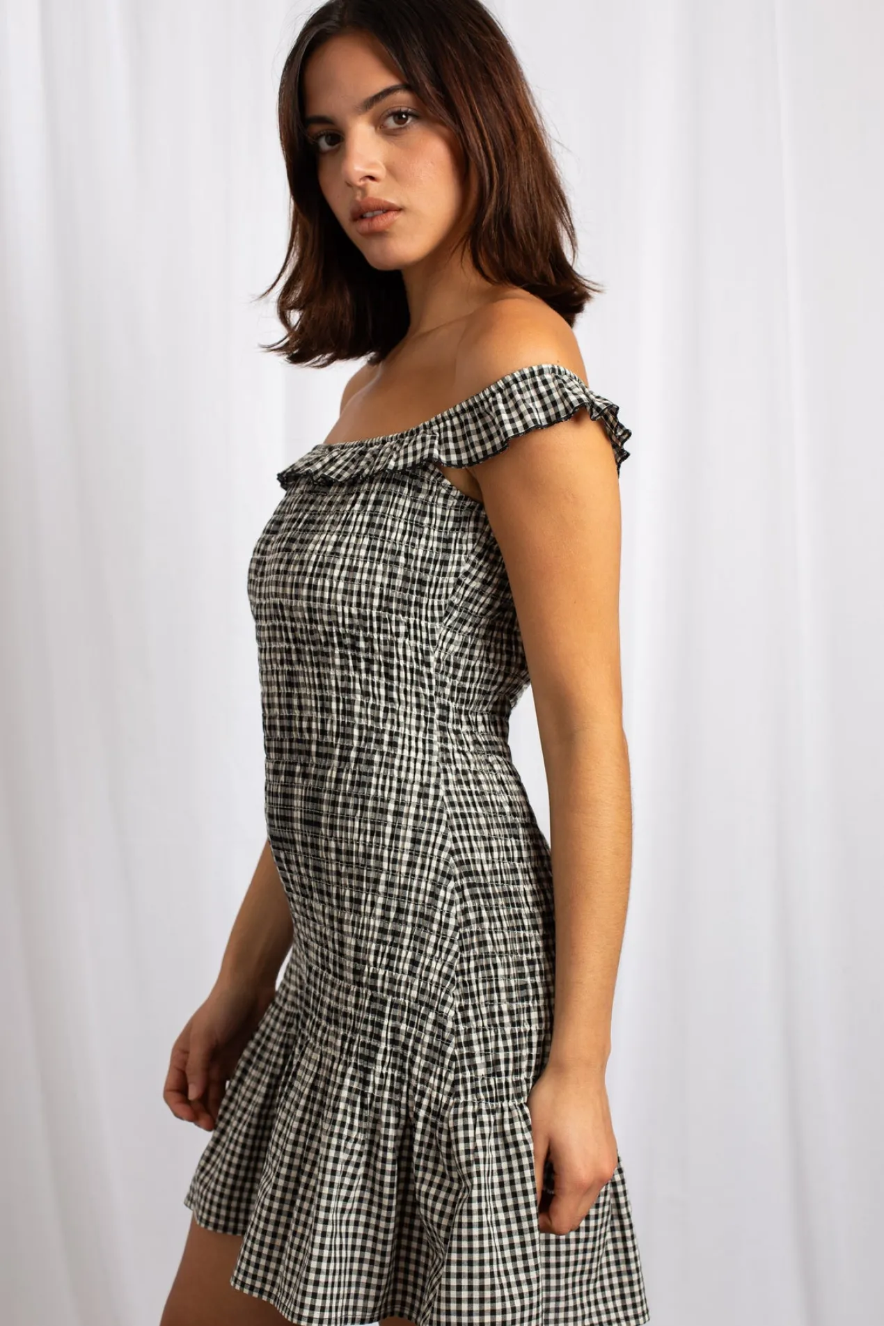 Women Daisy Street Dresses-Bardot Shirred Mini Dress With Frill