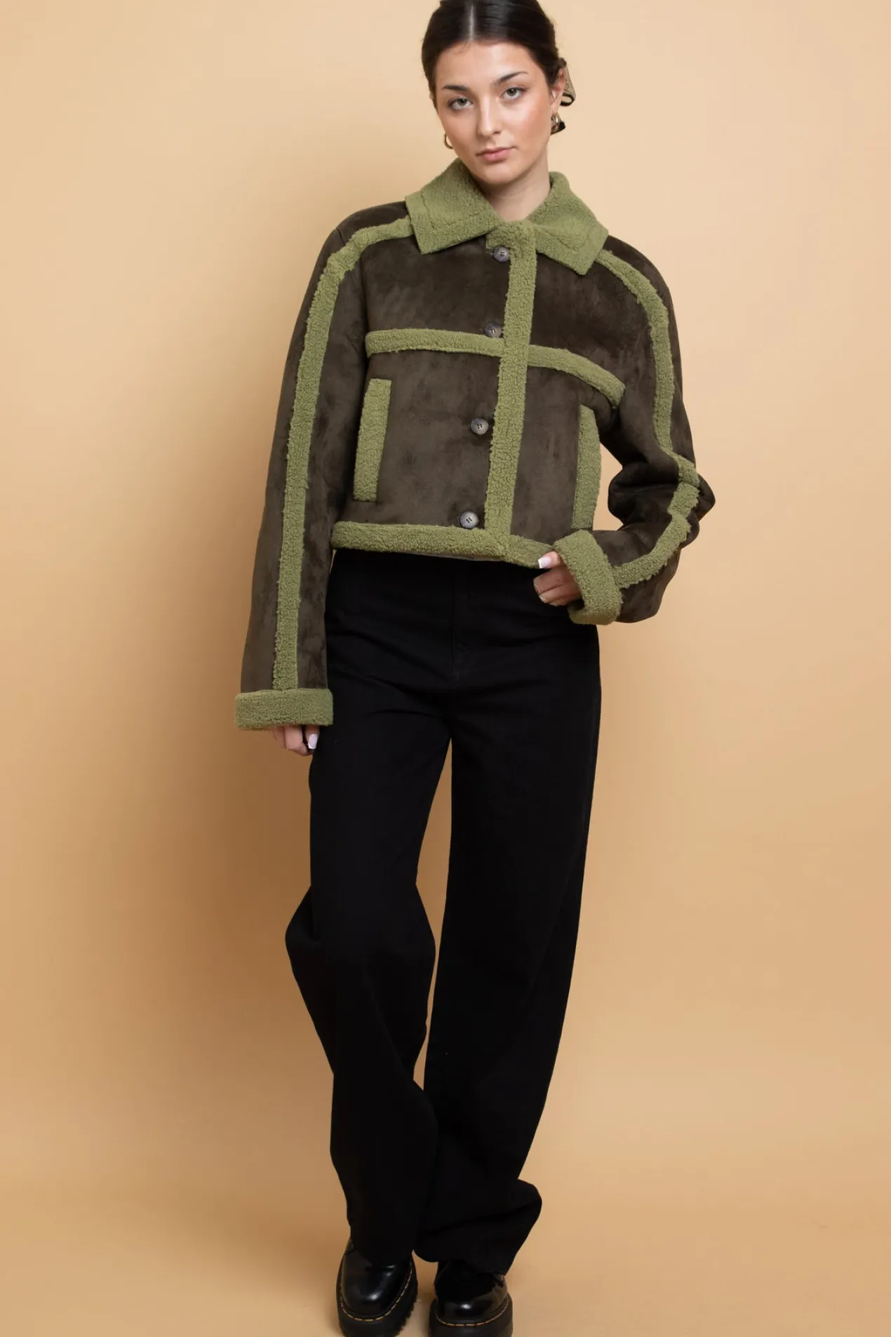 Women Daisy Street Jackets-Borg Detail Cropped Jacket