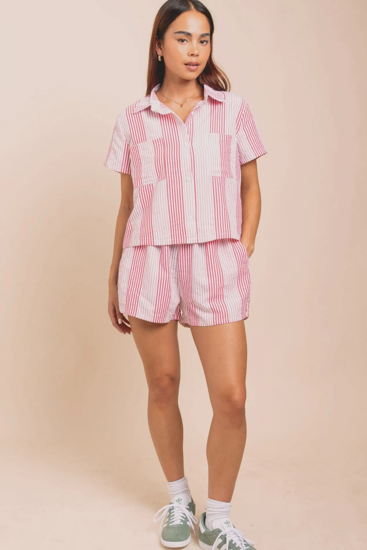Women Daisy Street Tops-Boxy Shirt In Seersucker Stripe Co-ord