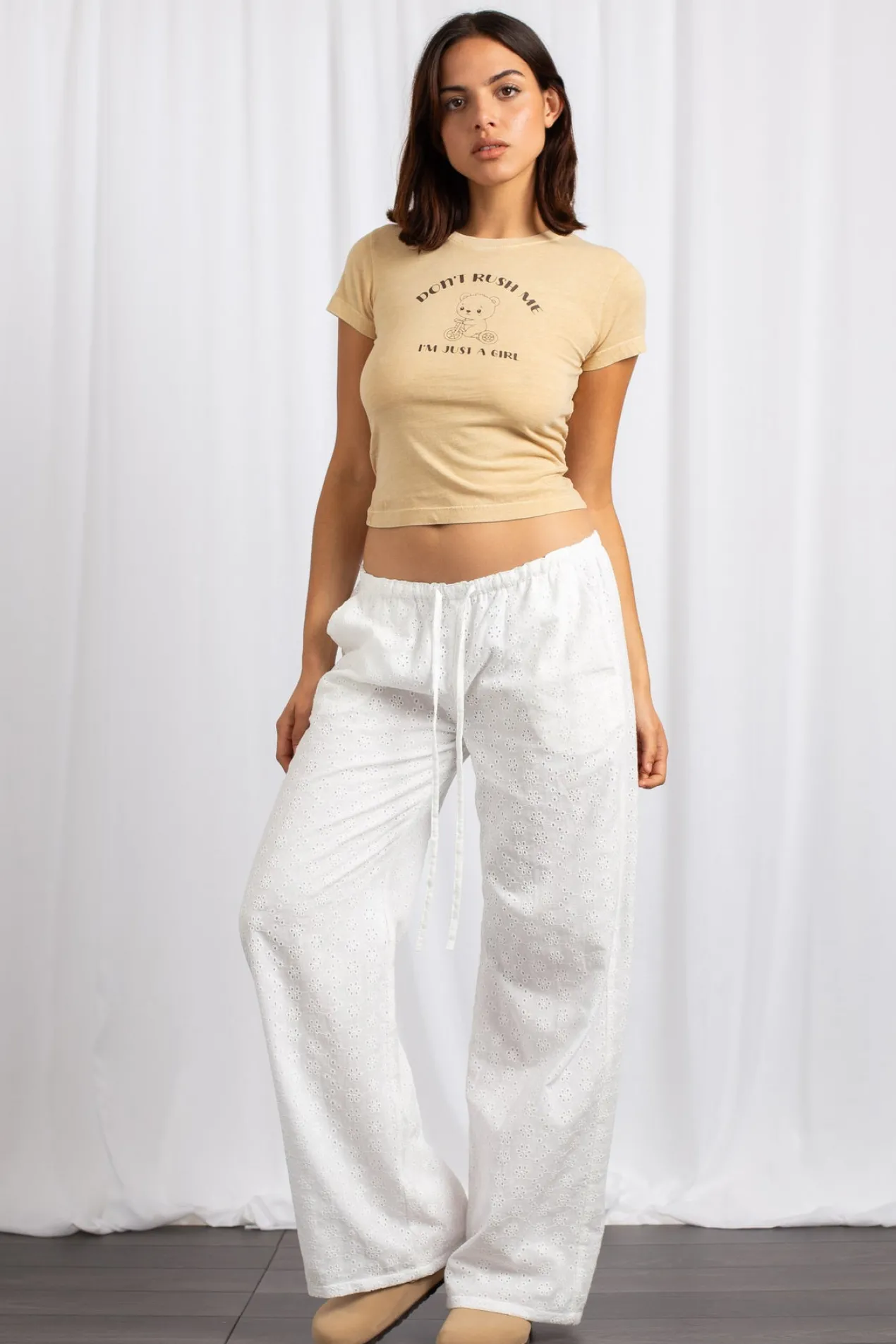 Women Daisy Street Trousers-Broderie Anglaise Low Rise Wide Leg Trousers