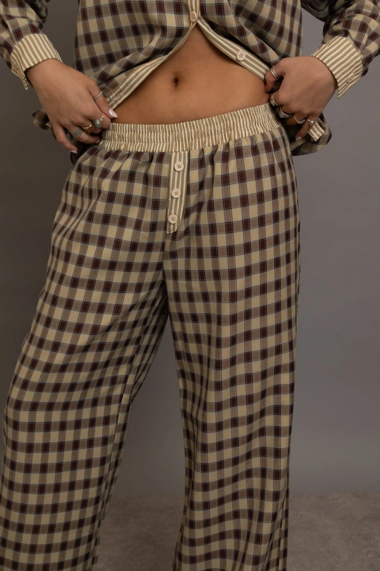Women Daisy Street Trousers-Check Wide Leg Trousers With Contrast Stripe Pockets