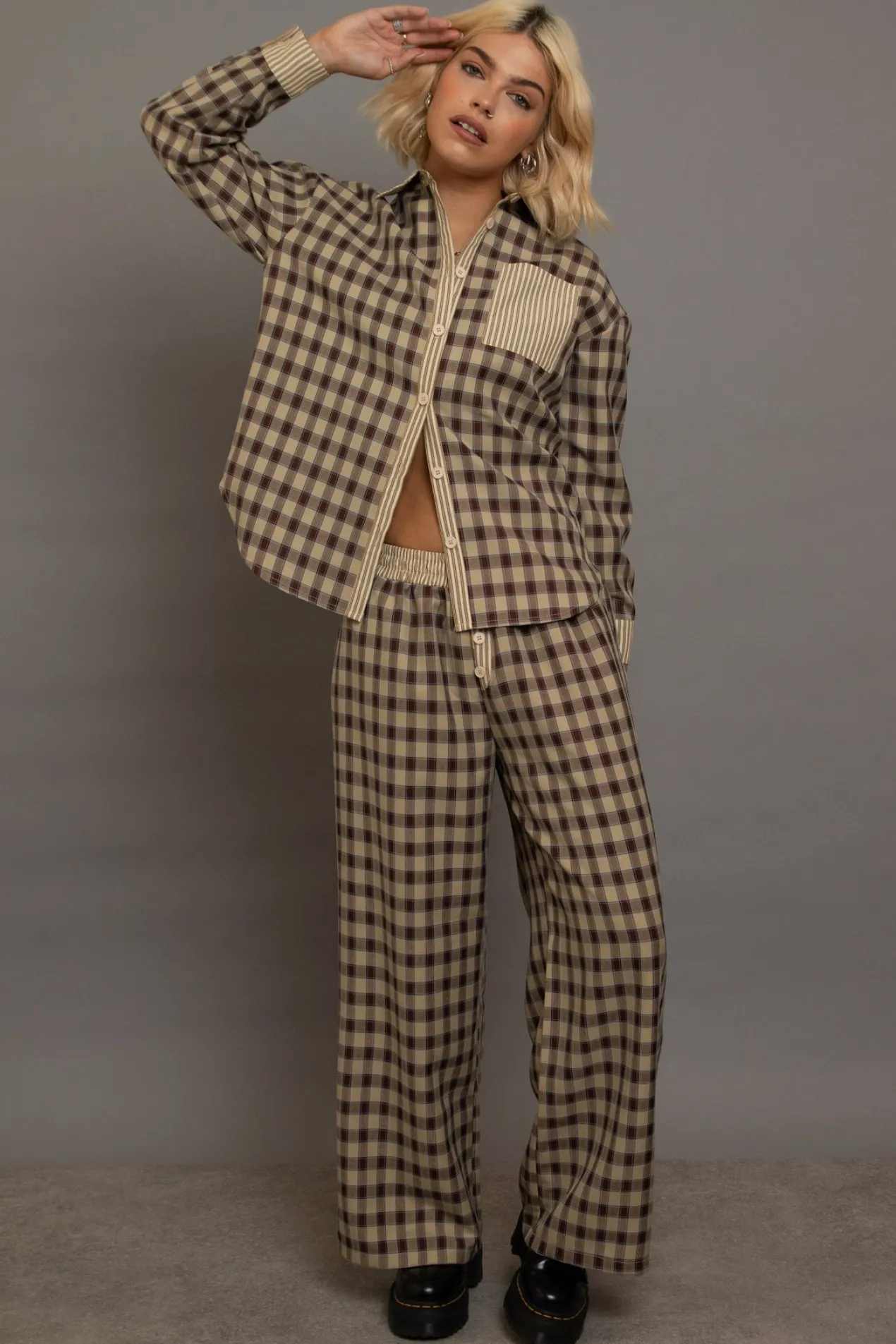 Women Daisy Street Trousers-Check Wide Leg Trousers With Contrast Stripe Pockets