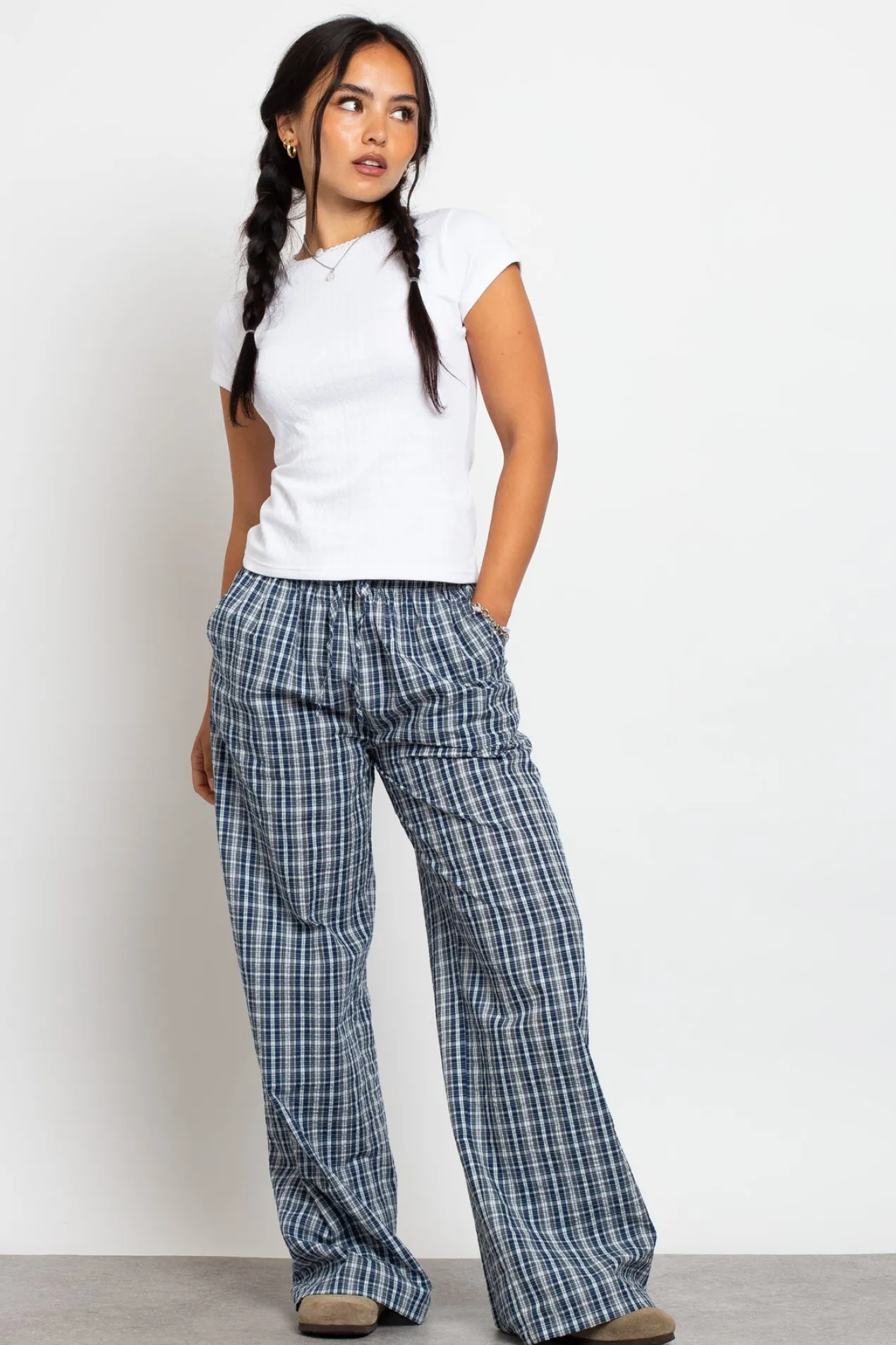 Women Daisy Street Trousers-Check Wide Leg Trouser With Drawcord Waist