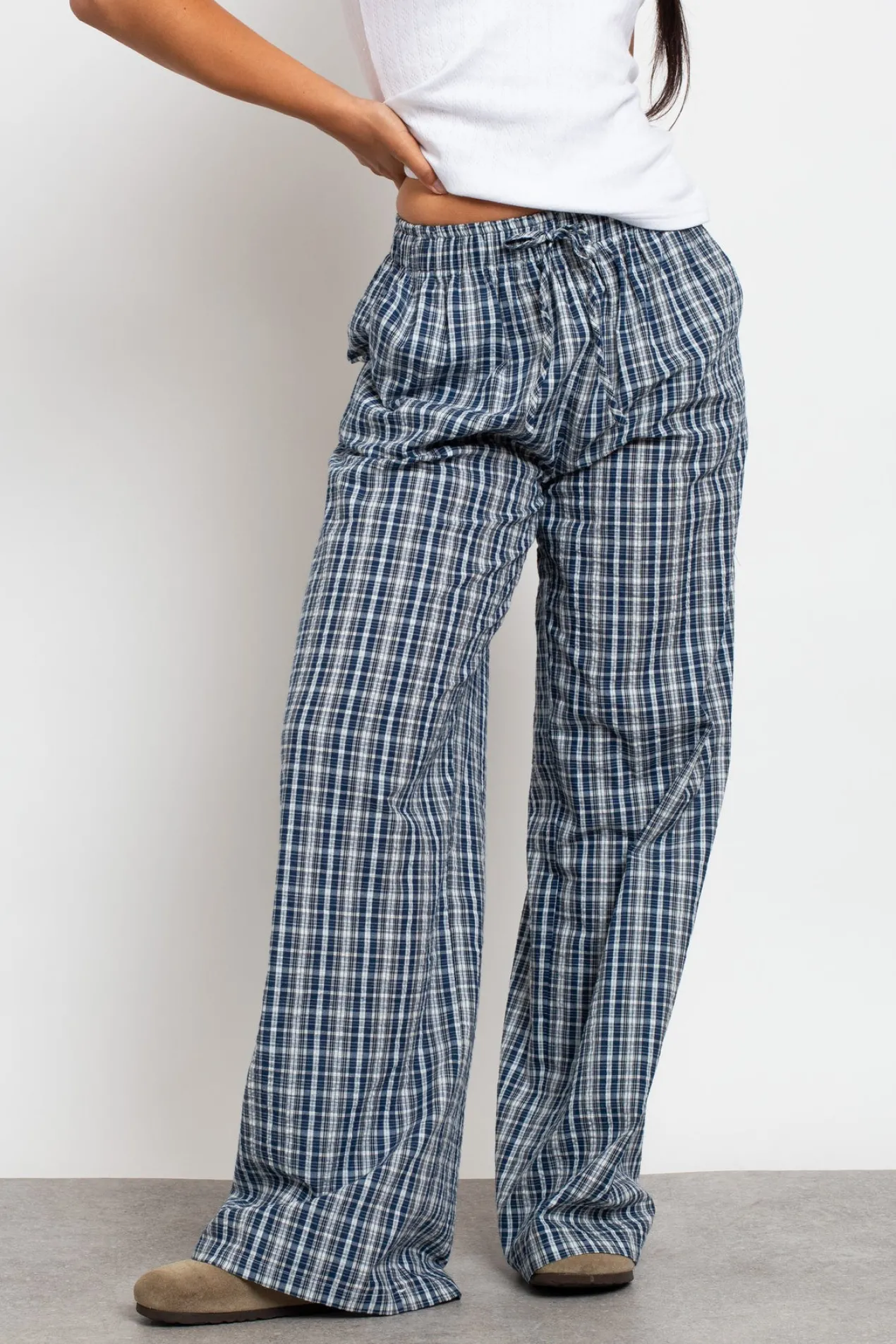 Women Daisy Street Trousers-Check Wide Leg Trouser With Drawcord Waist