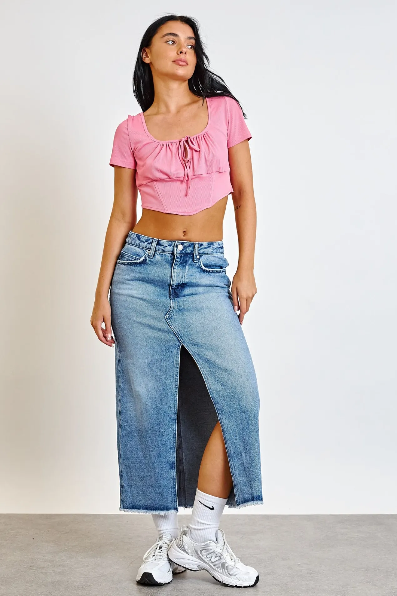 Women Daisy Street Skirts-Denim Midi Skirt