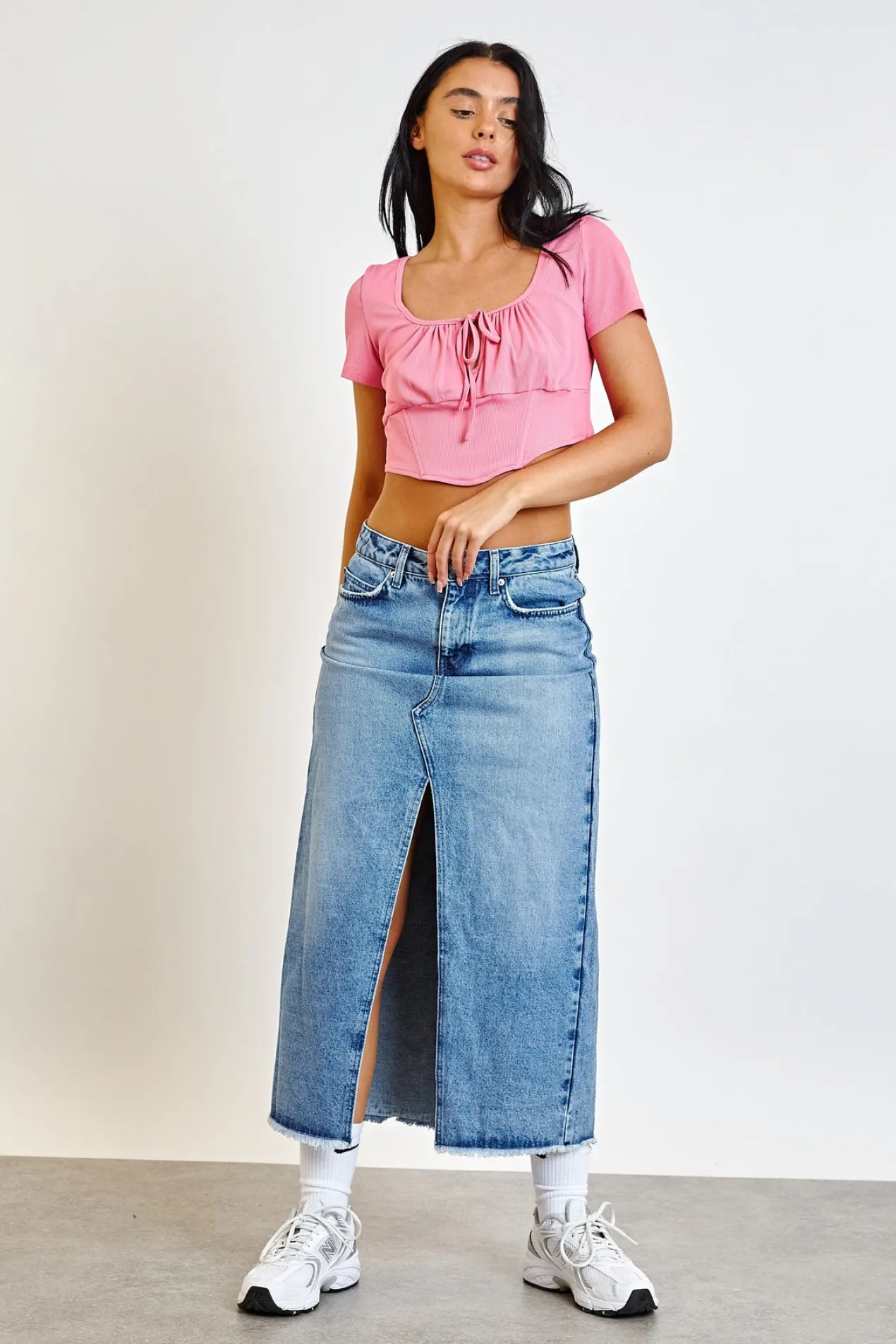 Women Daisy Street Skirts-Denim Midi Skirt