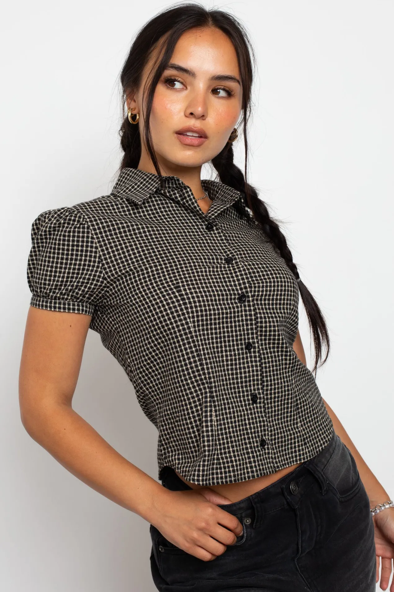 Women Daisy Street Tops-Fitted Check Shirt With Puff Sleeve