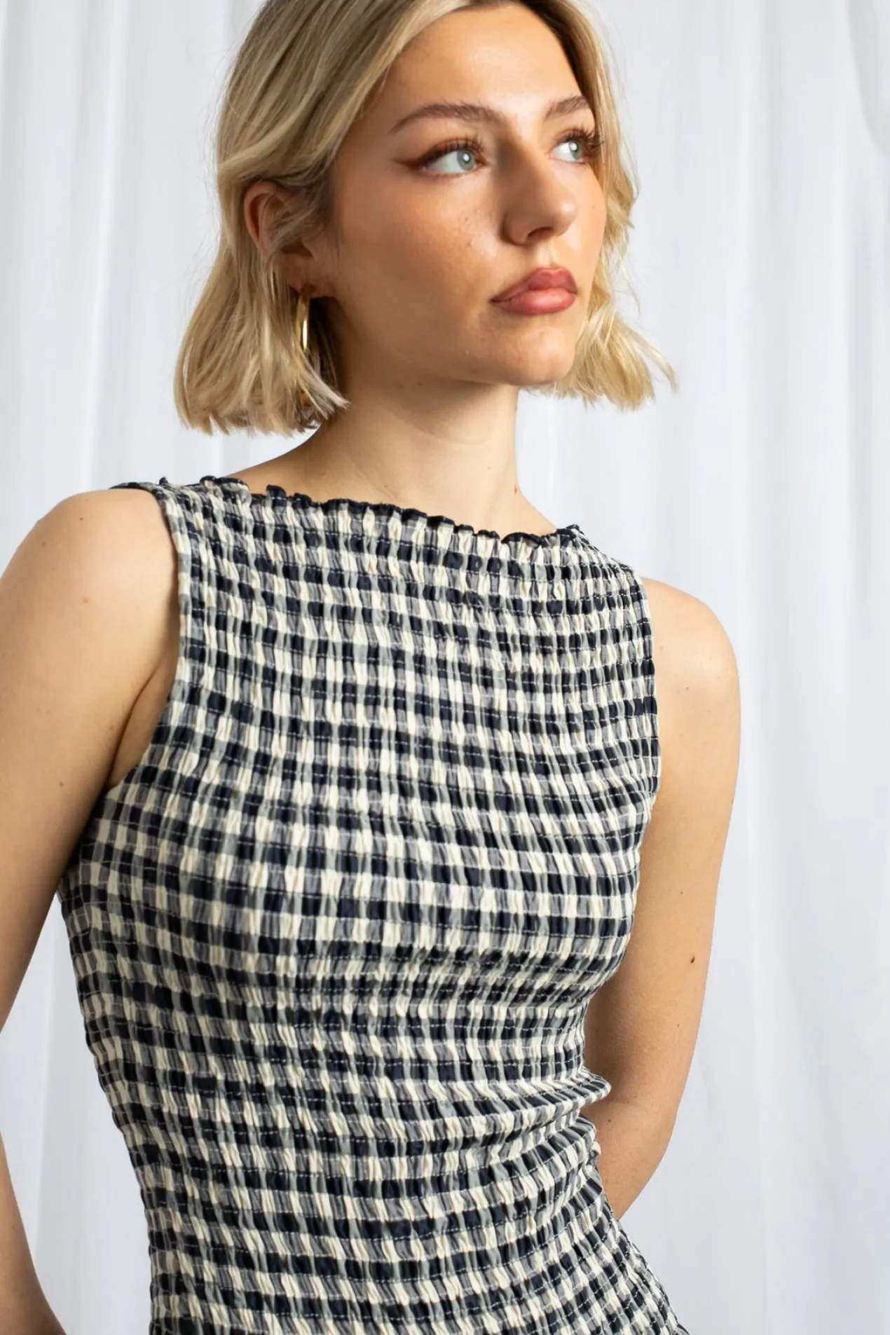 Women Daisy Street Dresses-Gingham Boat Neck Mini Dress