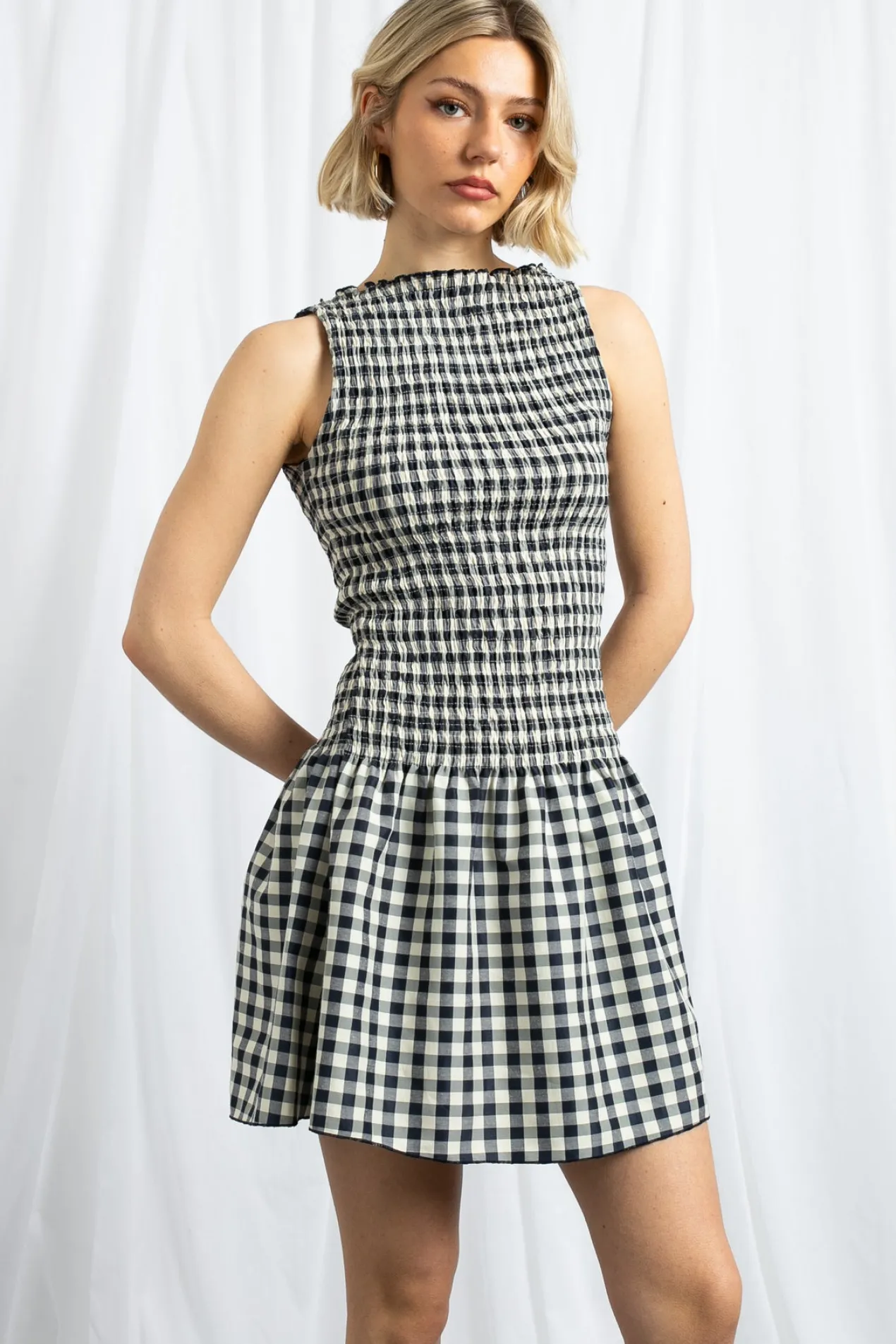 Women Daisy Street Dresses-Gingham Boat Neck Mini Dress