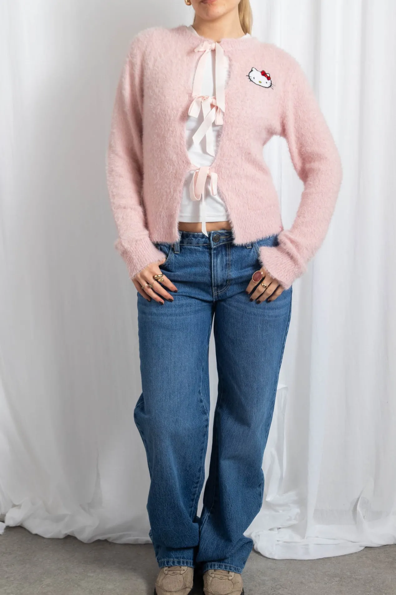 Women Daisy Street Cardigans-Hello Kitty Fluffy Tie Cardigan