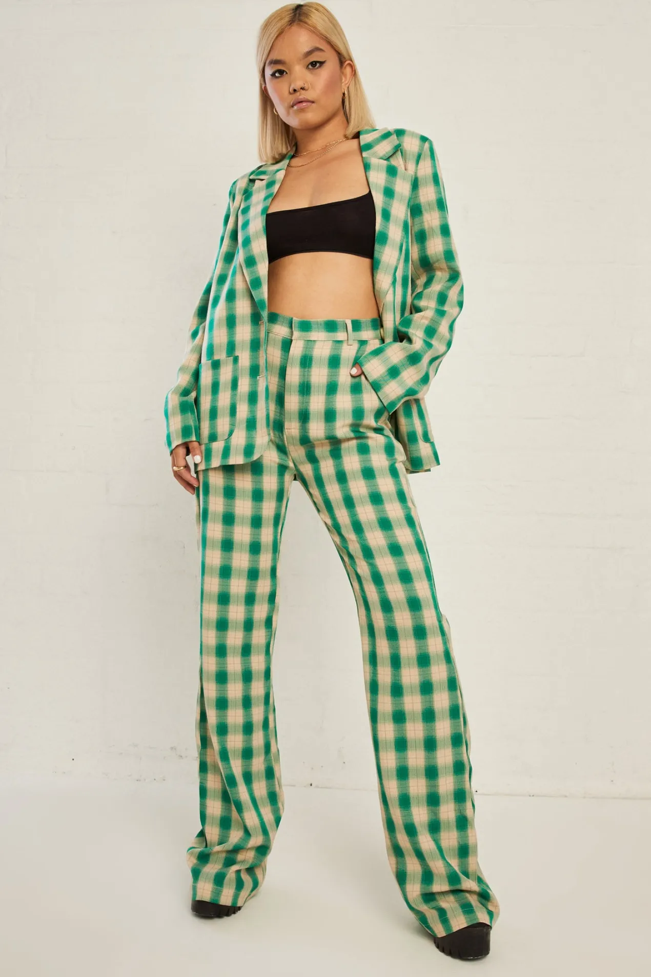 Women Daisy Street Trousers-High Waisted Flared Trousers in Check Print