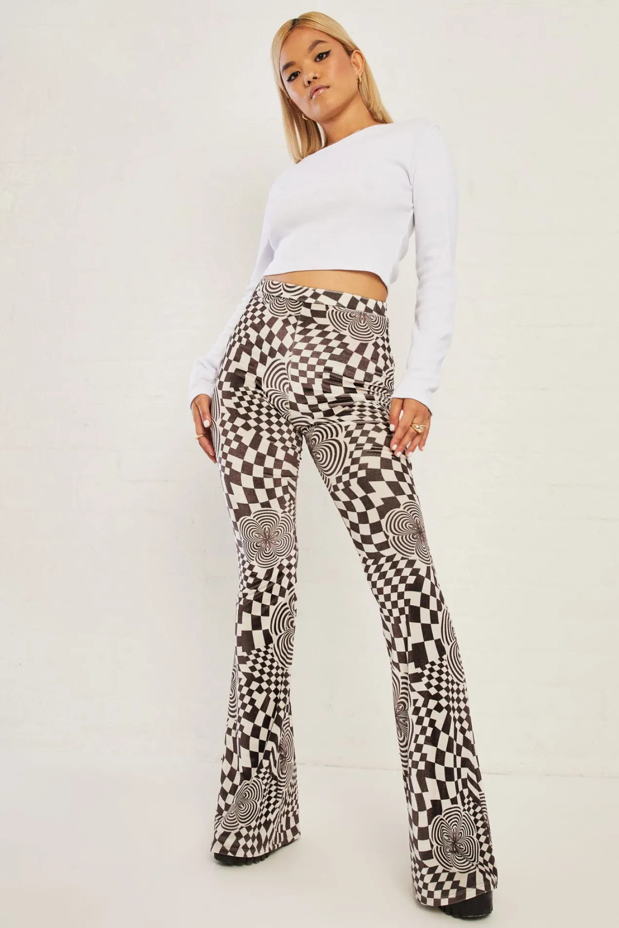 Women Daisy Street Trousers-High Waisted Flared Trousers In Velvet Print
