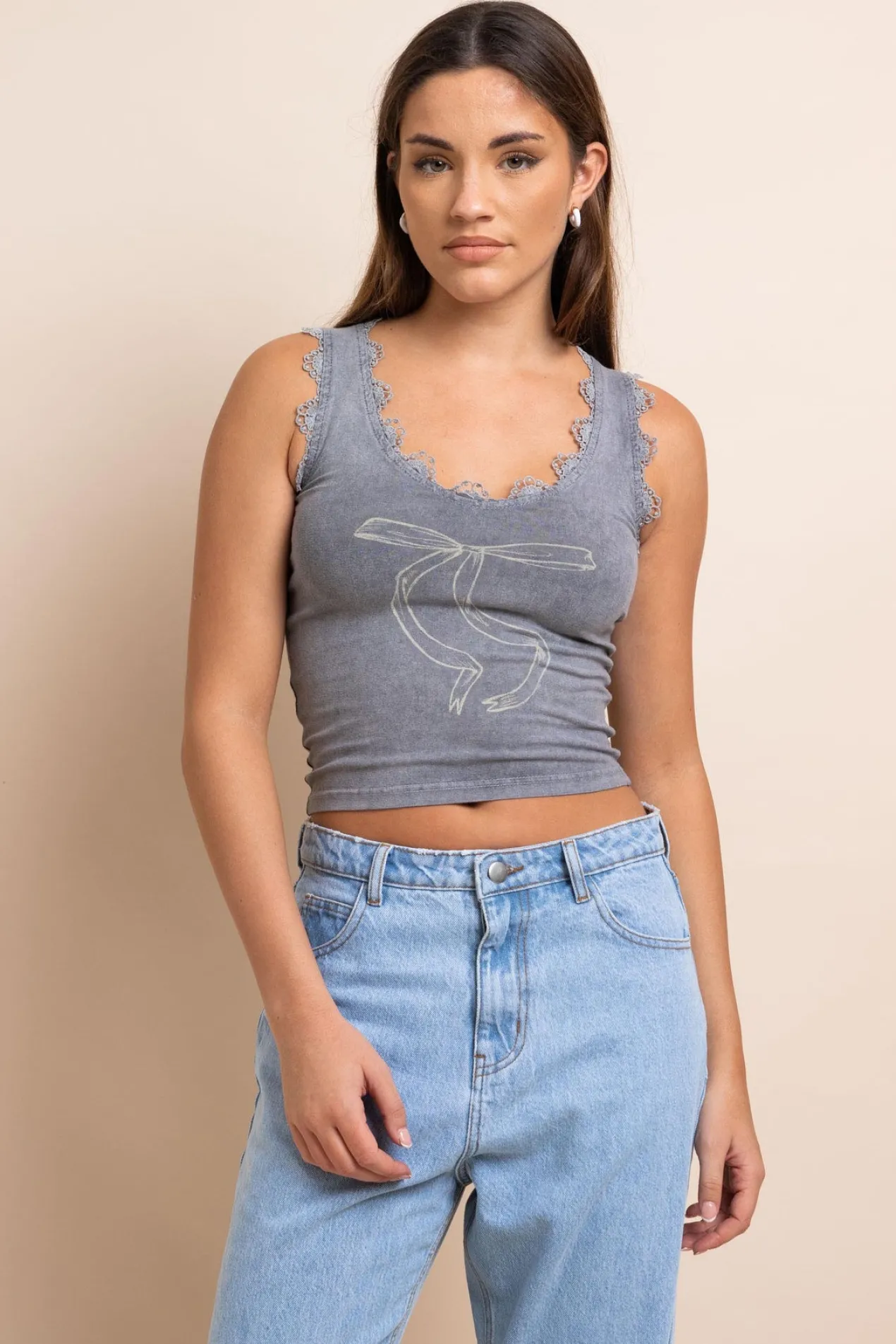 Women Daisy Street Tops-Lace Trim V-Neck Vest Top