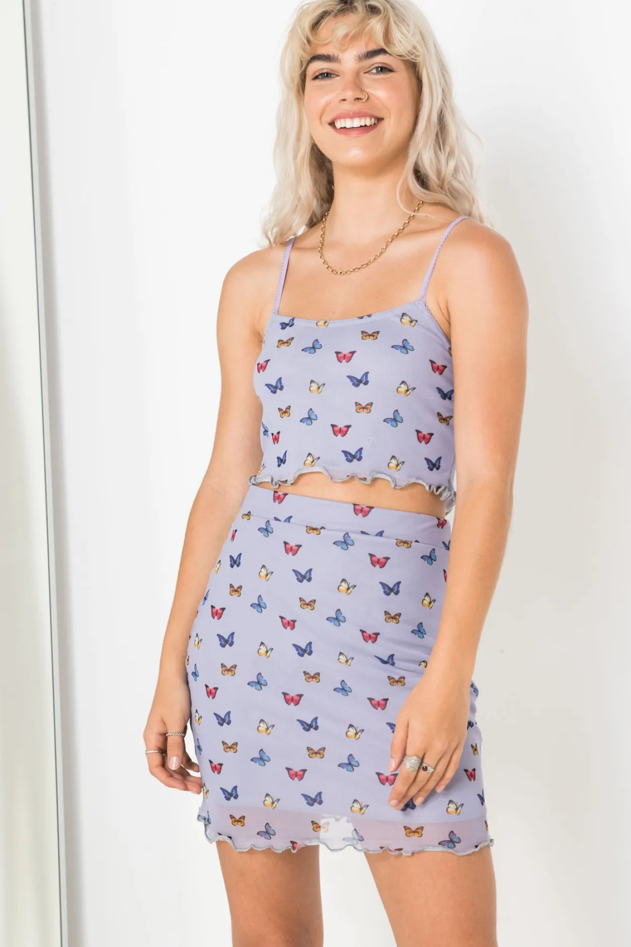 Women Daisy Street Tops-Mesh Cami Top in Butterfly Print