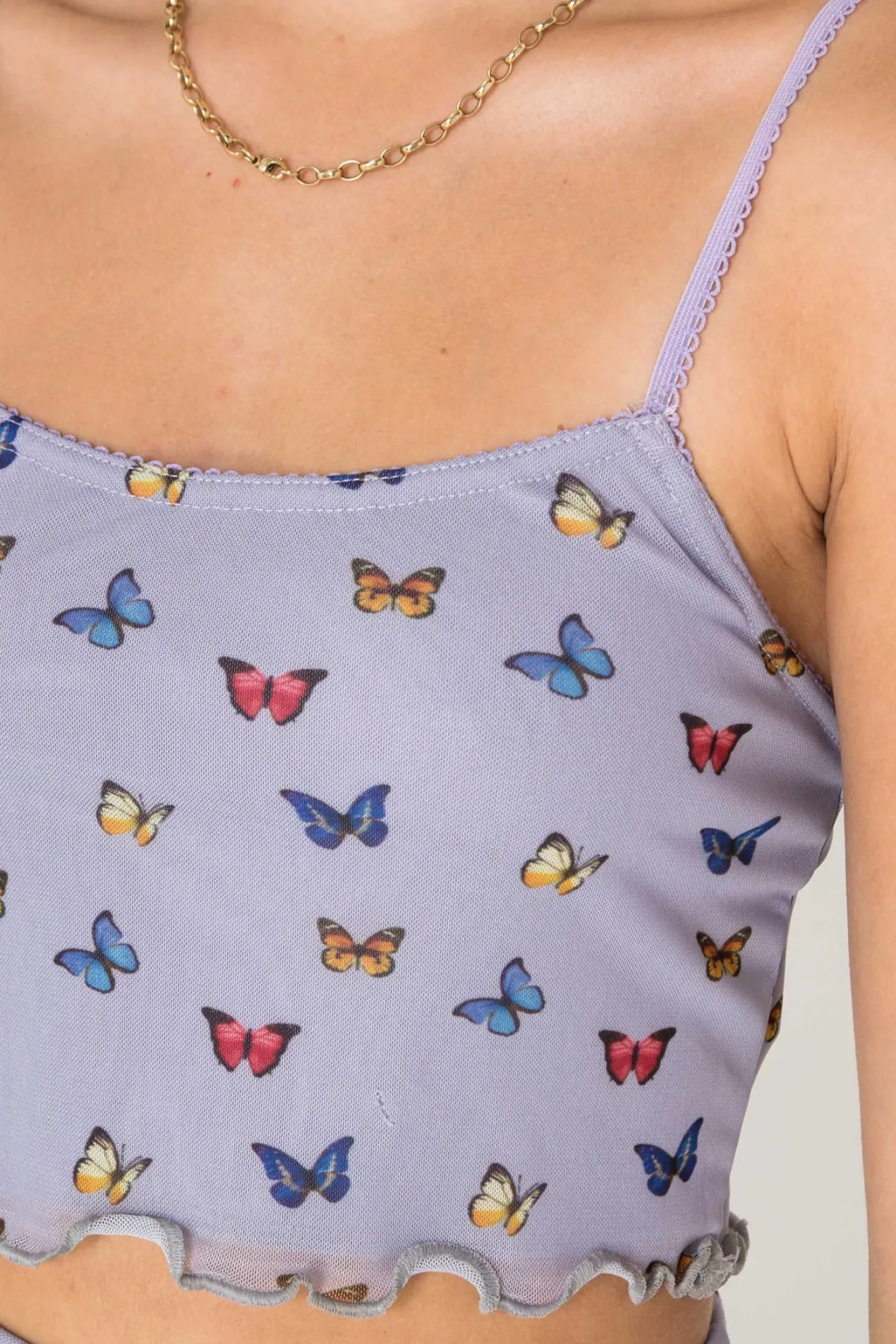 Women Daisy Street Tops-Mesh Cami Top in Butterfly Print