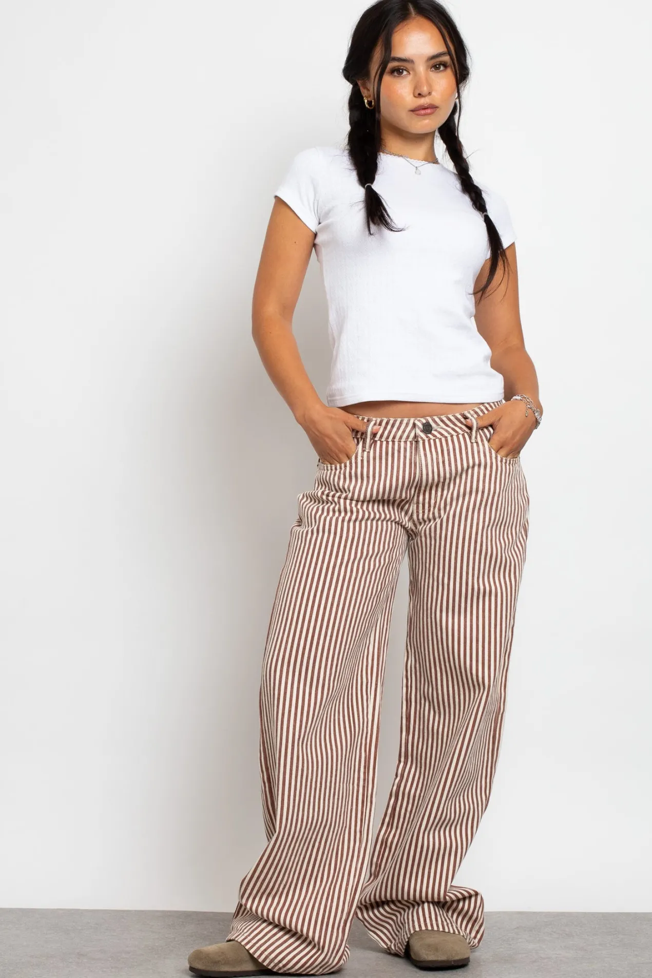 Women Daisy Street Trousers-Mid Rise Denim Stripe Jean