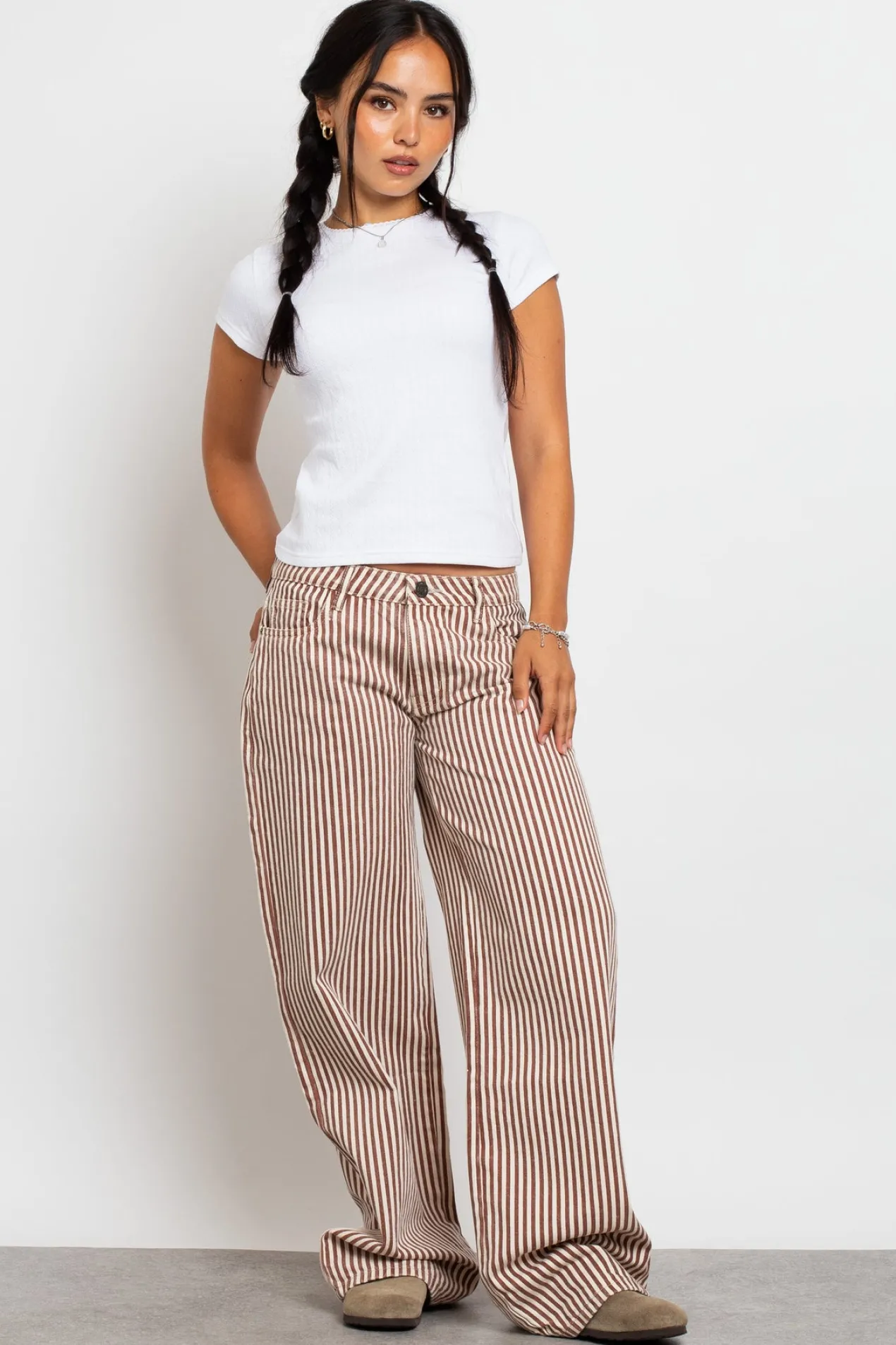 Women Daisy Street Trousers-Mid Rise Denim Stripe Jean