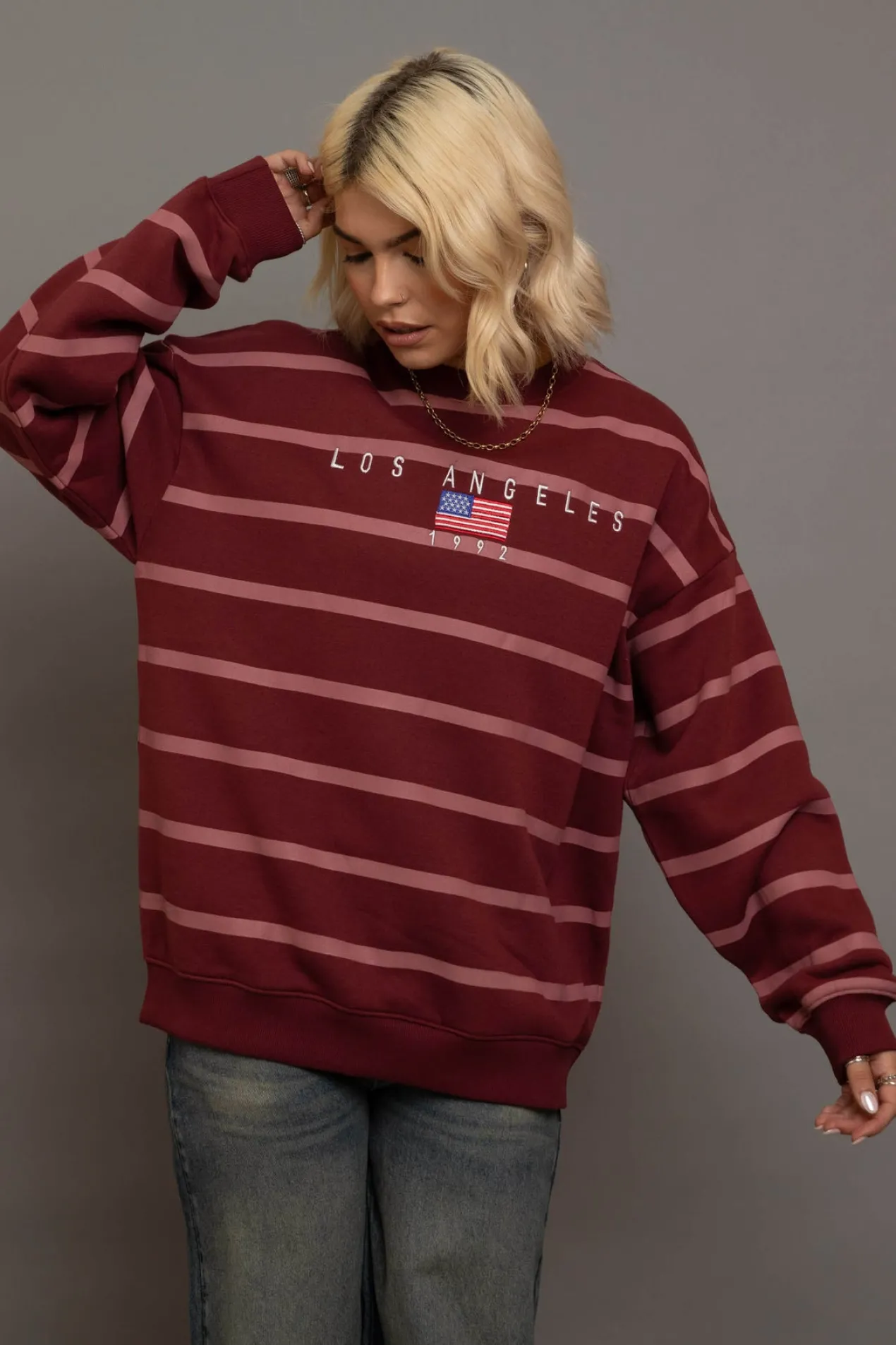 Women Daisy Street Hoodies & Sweatshirts-Stripe LA Embroidery Sweatshirt