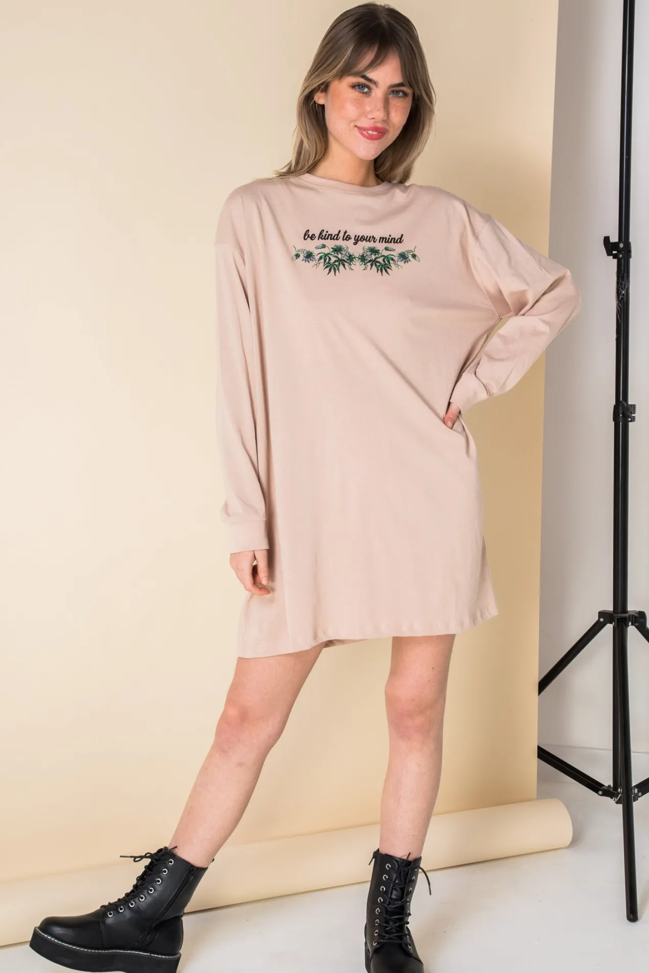 Women Daisy Street Dresses-Oversized Long Sleeve T-Shirt Dress with Be Kind Print