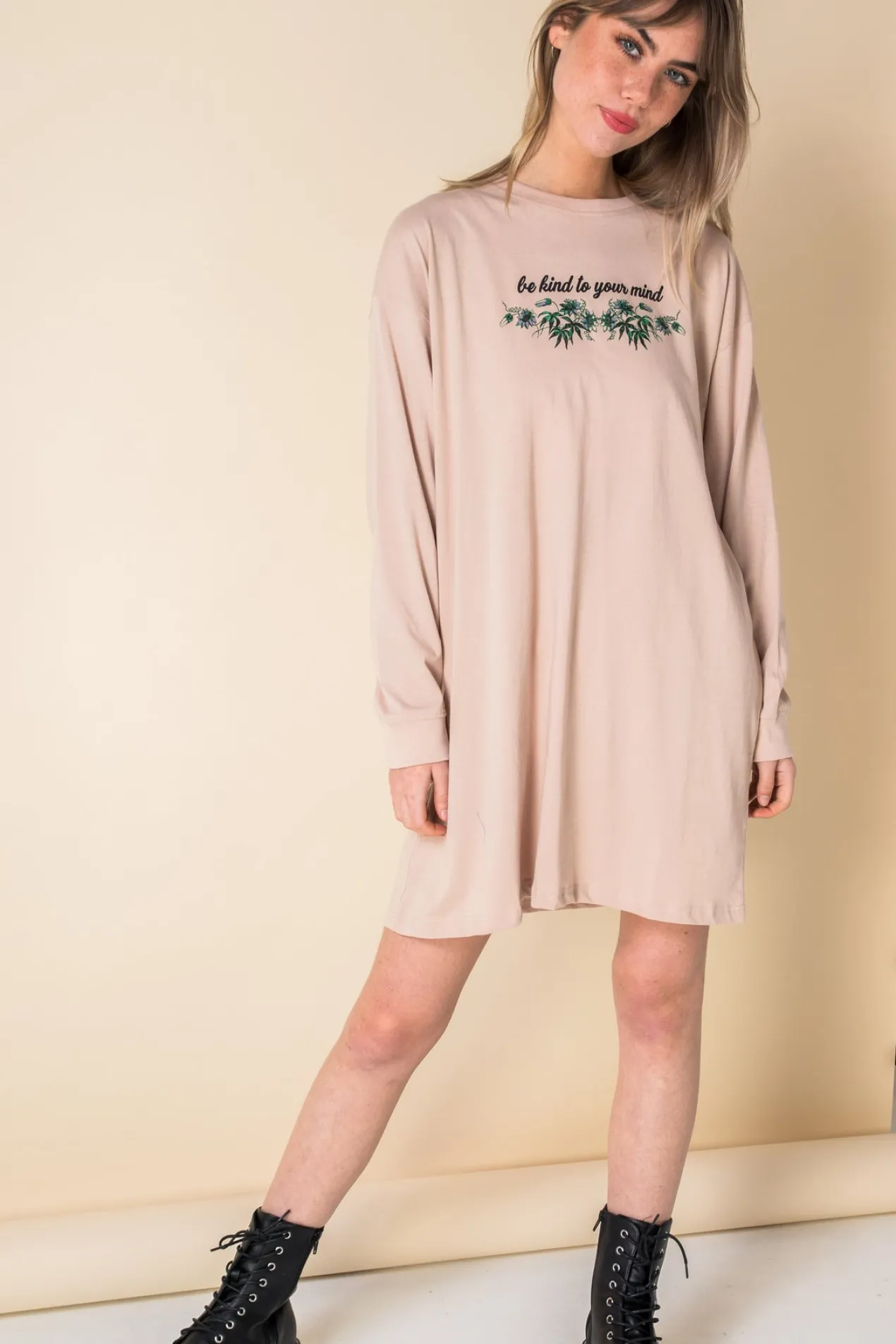 Women Daisy Street Dresses-Oversized Long Sleeve T-Shirt Dress with Be Kind Print