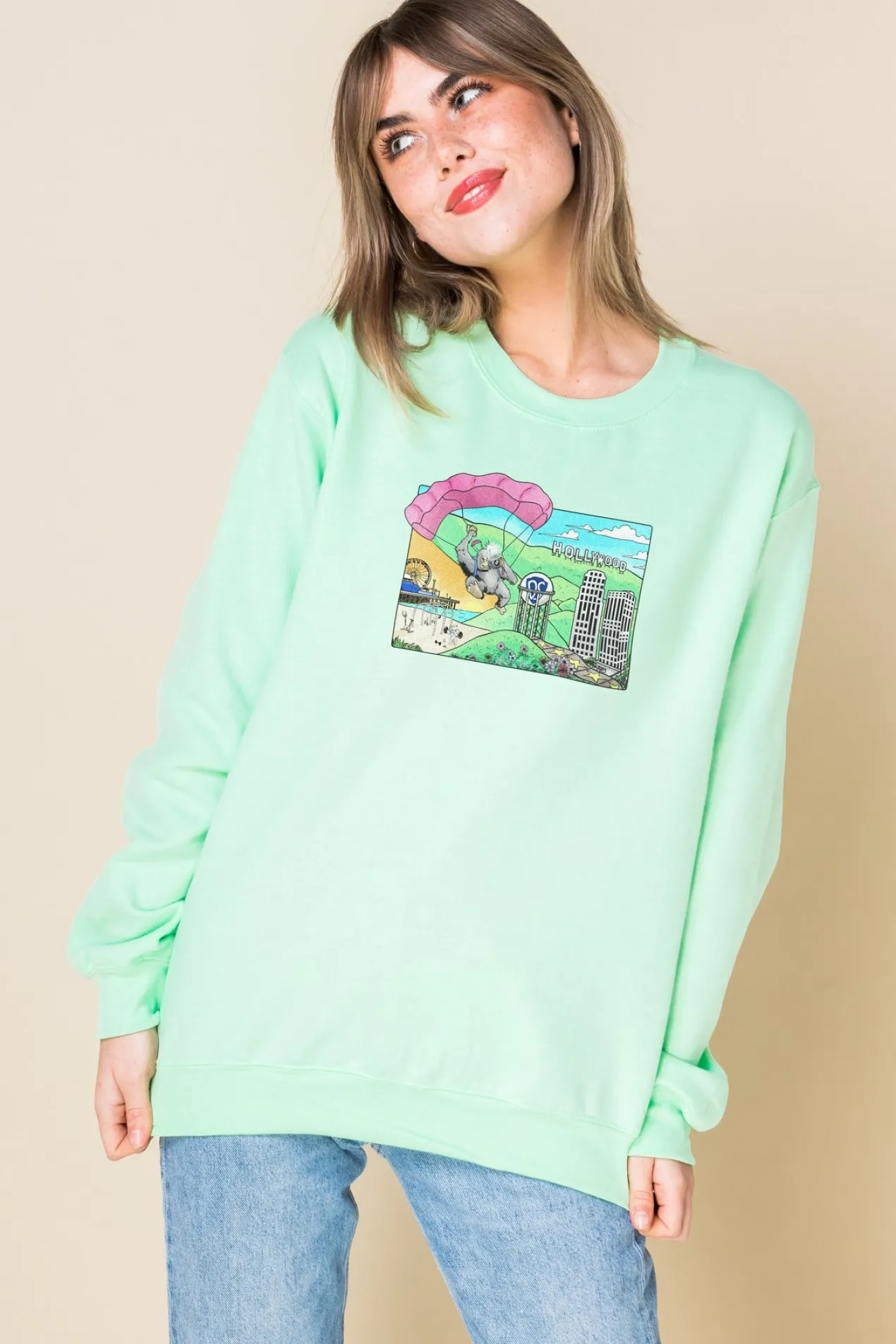 Women Daisy Street Hoodies & Sweatshirts-Oversized Sweatshirt with Hollywood Print
