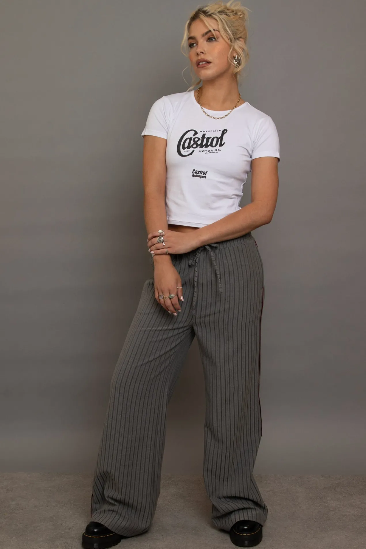 Women Daisy Street Trousers-Pinstripe Wide Leg Trousers With Piping Detail