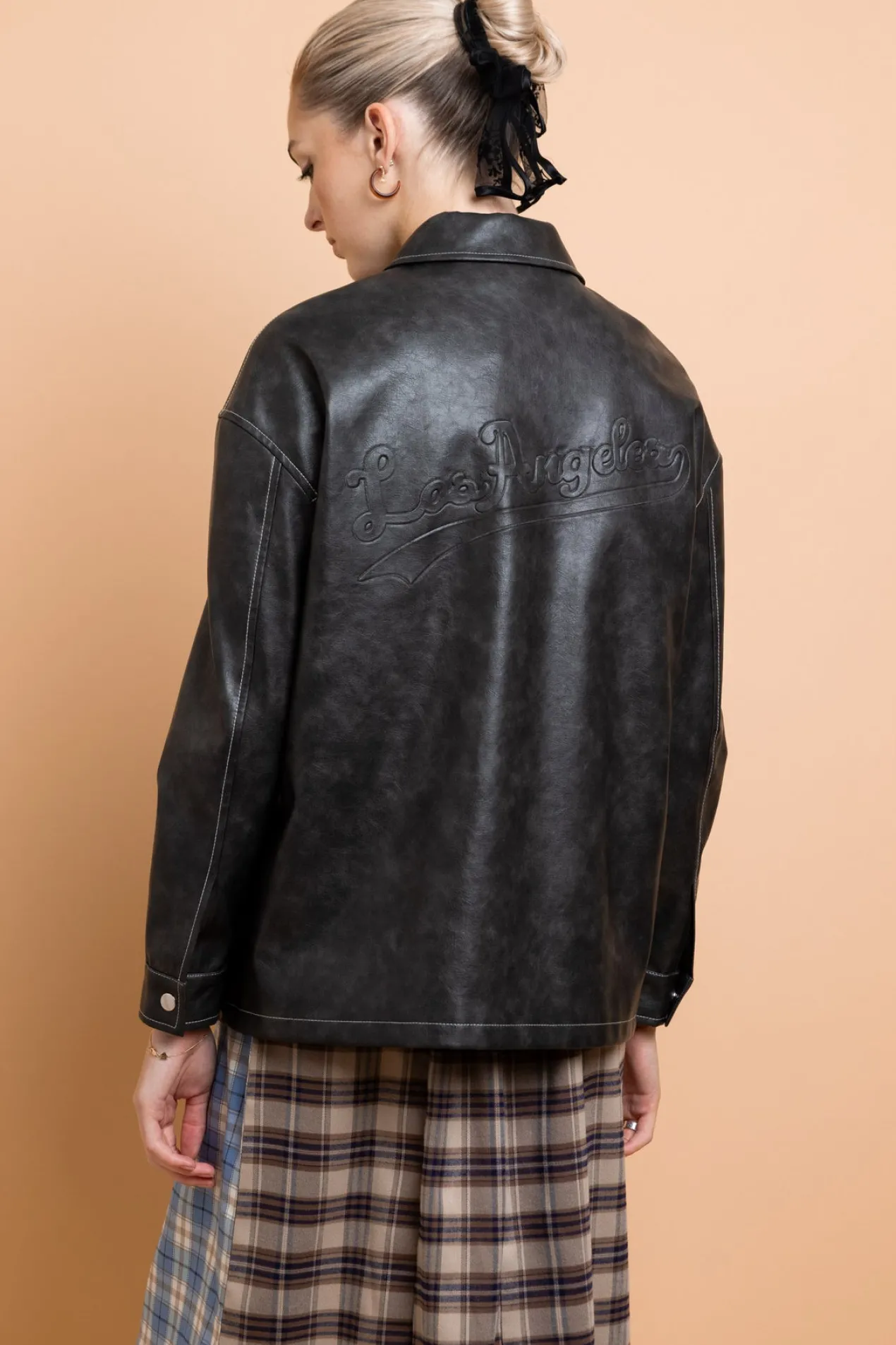 Women Daisy Street Jackets-PU Boxy Jacket With Los Angeles Applique