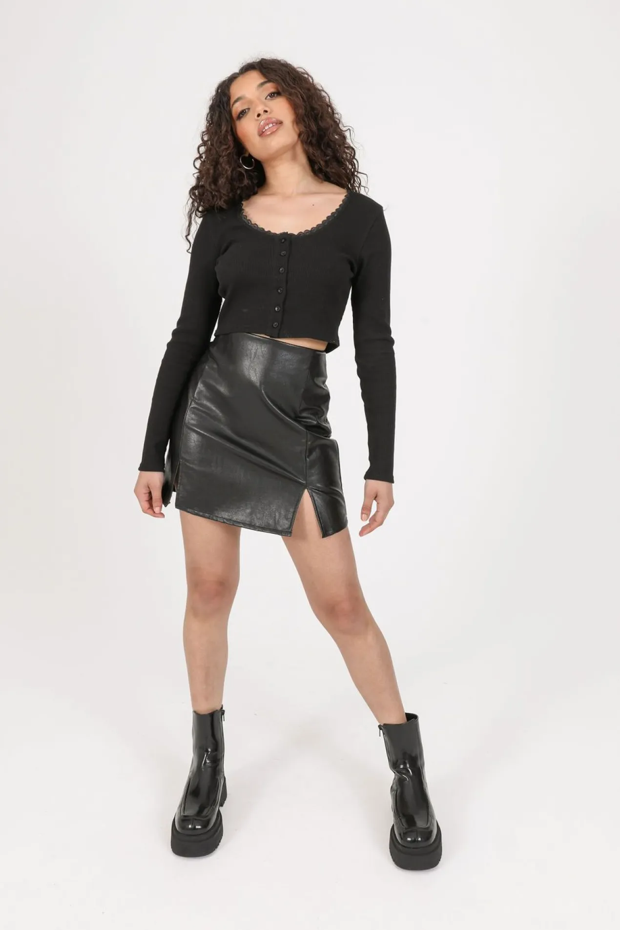 Women Daisy Street Skirts-PU High Waisted Mini Skirt