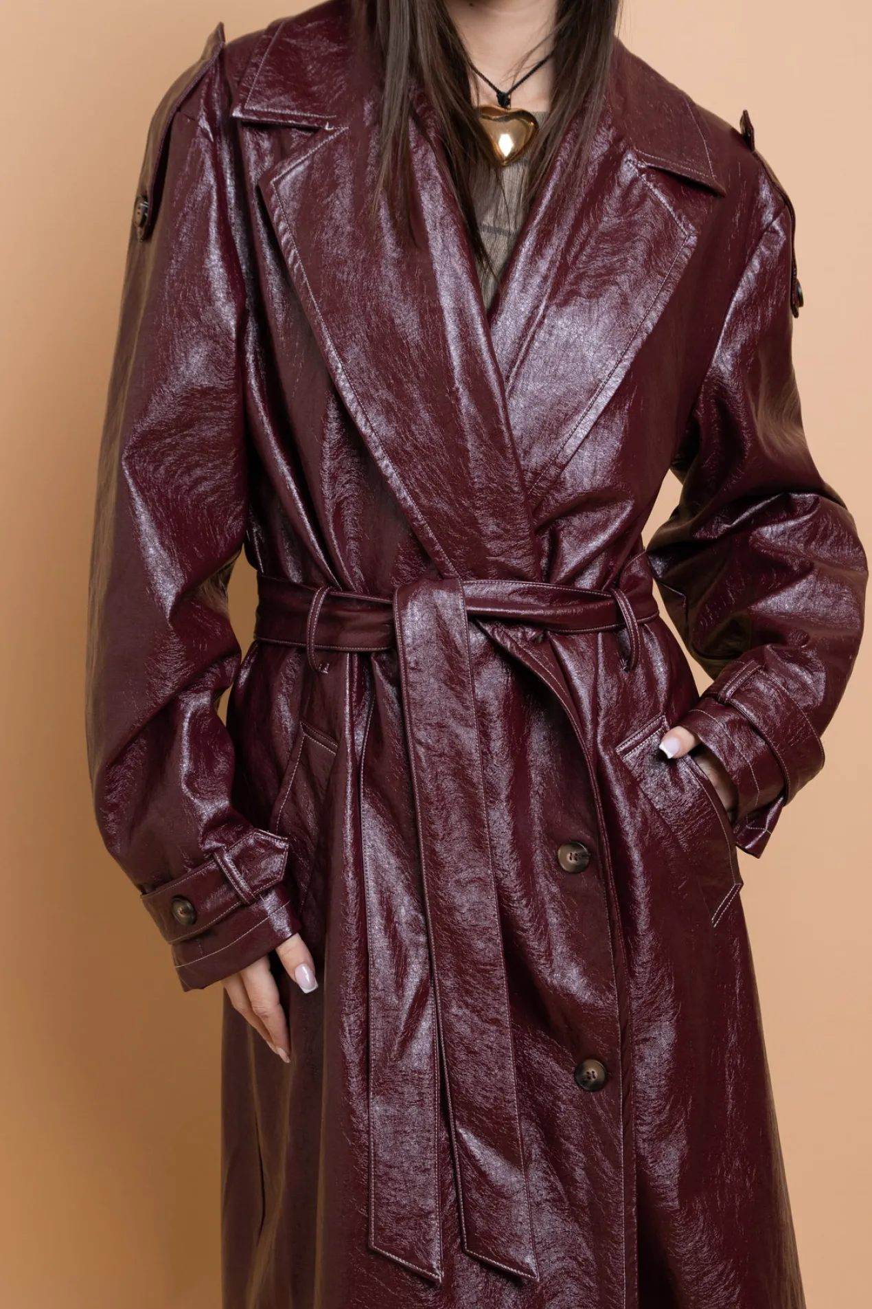 Women Daisy Street Jackets-PU Trench Coat With Shoulder Detail