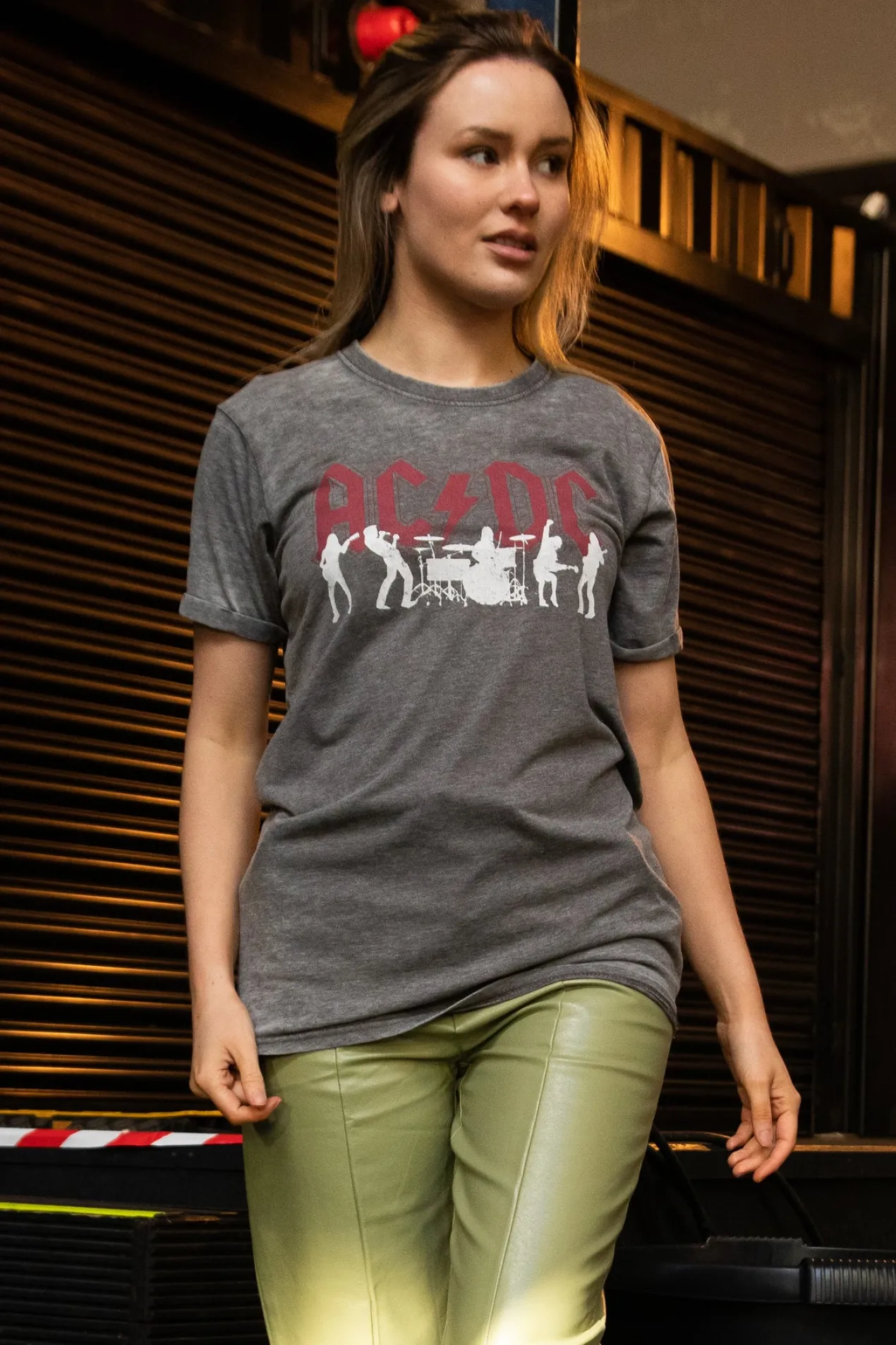 Women Daisy Street Band Tees-Relaxed T-Shirt with AC/DC Silhouette Print