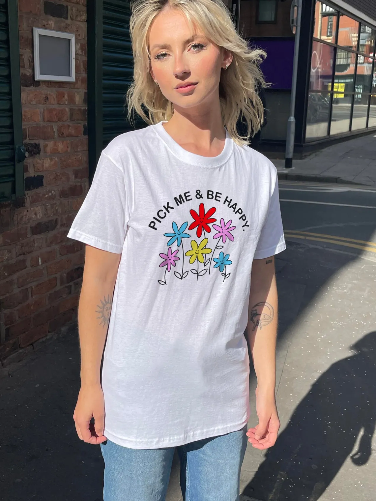 Women Daisy Street T-Shirts-Relaxed T-Shirt with Pick Me Be Happy Print