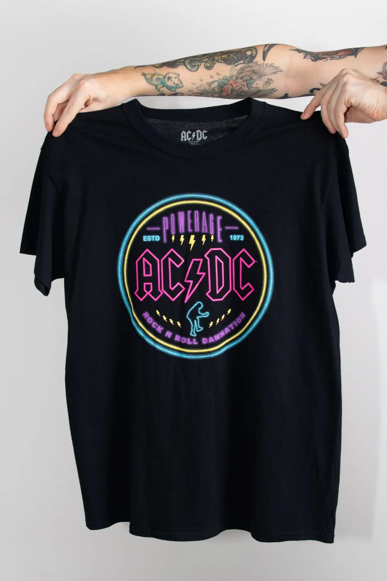 Women Daisy Street Band Tees | T-Shirts-Relaxed T-Shirt with Neon AC/DC Print