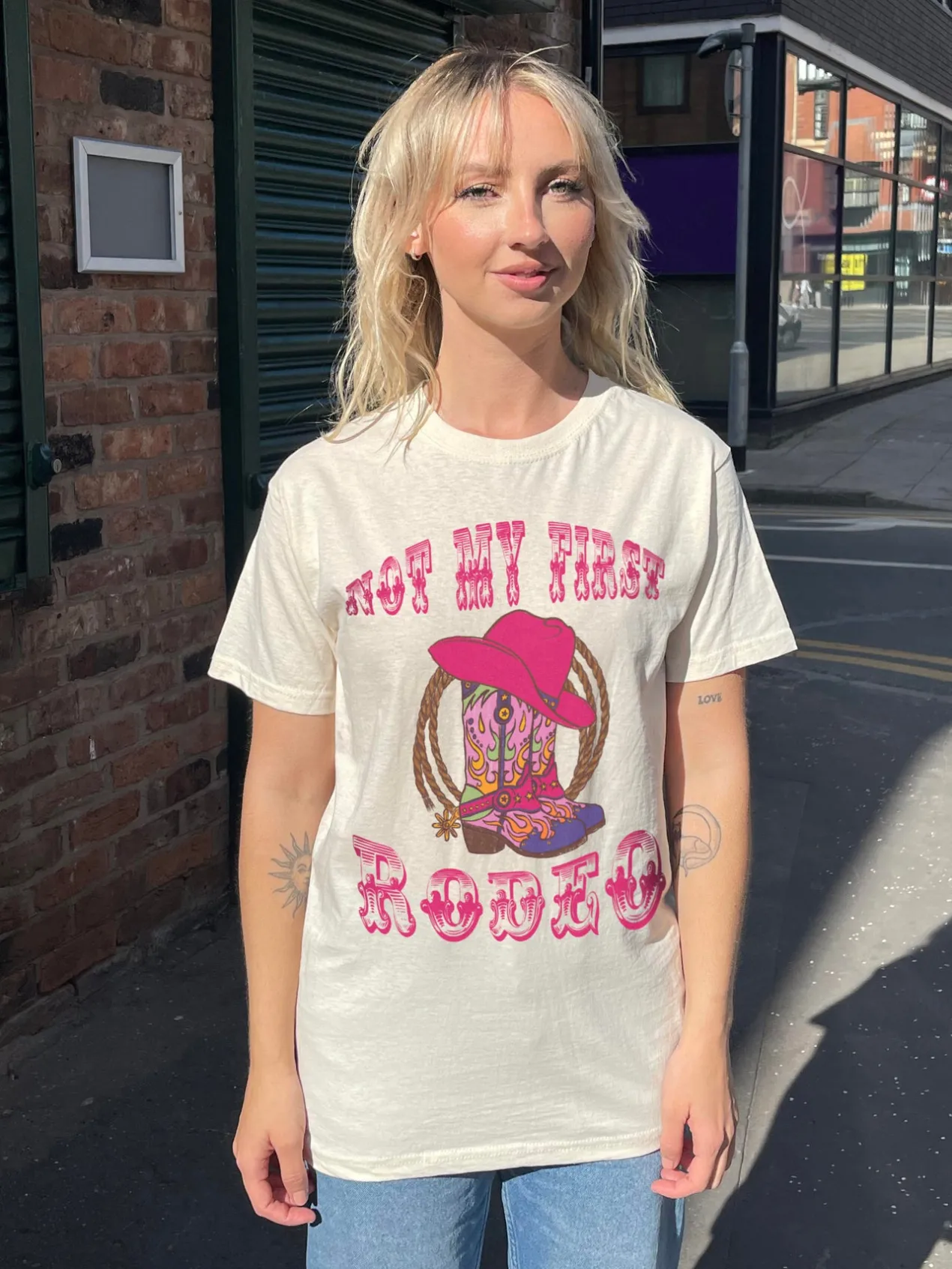 Women Daisy Street T-Shirts-Relaxed T-Shirt with Not My First Rodeo Graphic