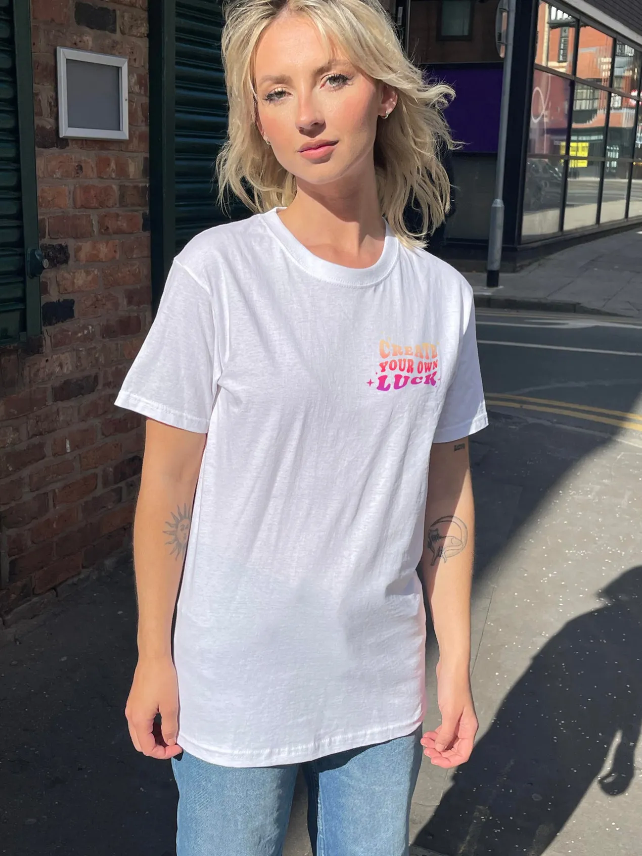 Women Daisy Street T-Shirts-Relaxed T-Shirt with Create Your Own Luck Print