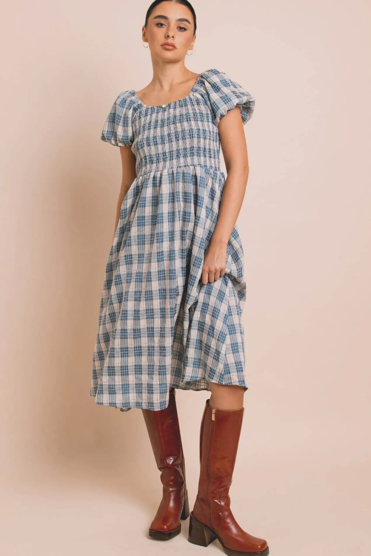 Women Daisy Street Dresses-Shirred Bodice Midi Dress In Check