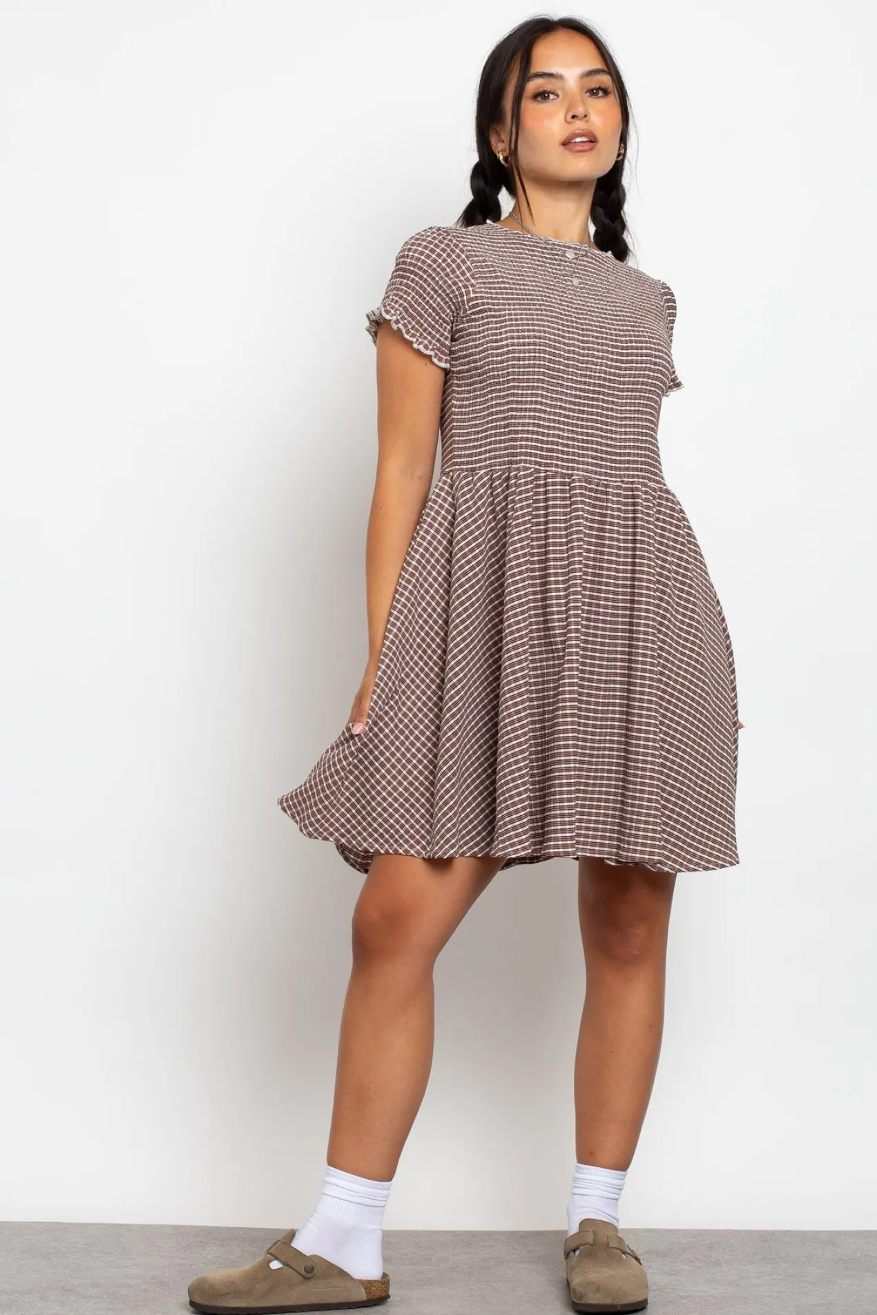 Women Daisy Street Dresses-Shirred Check Skater Mini Dress
