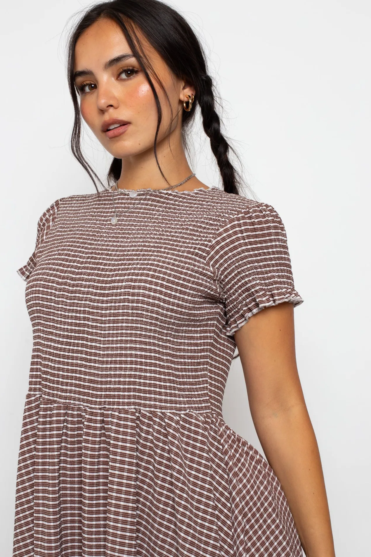 Women Daisy Street Dresses-Shirred Check Skater Mini Dress