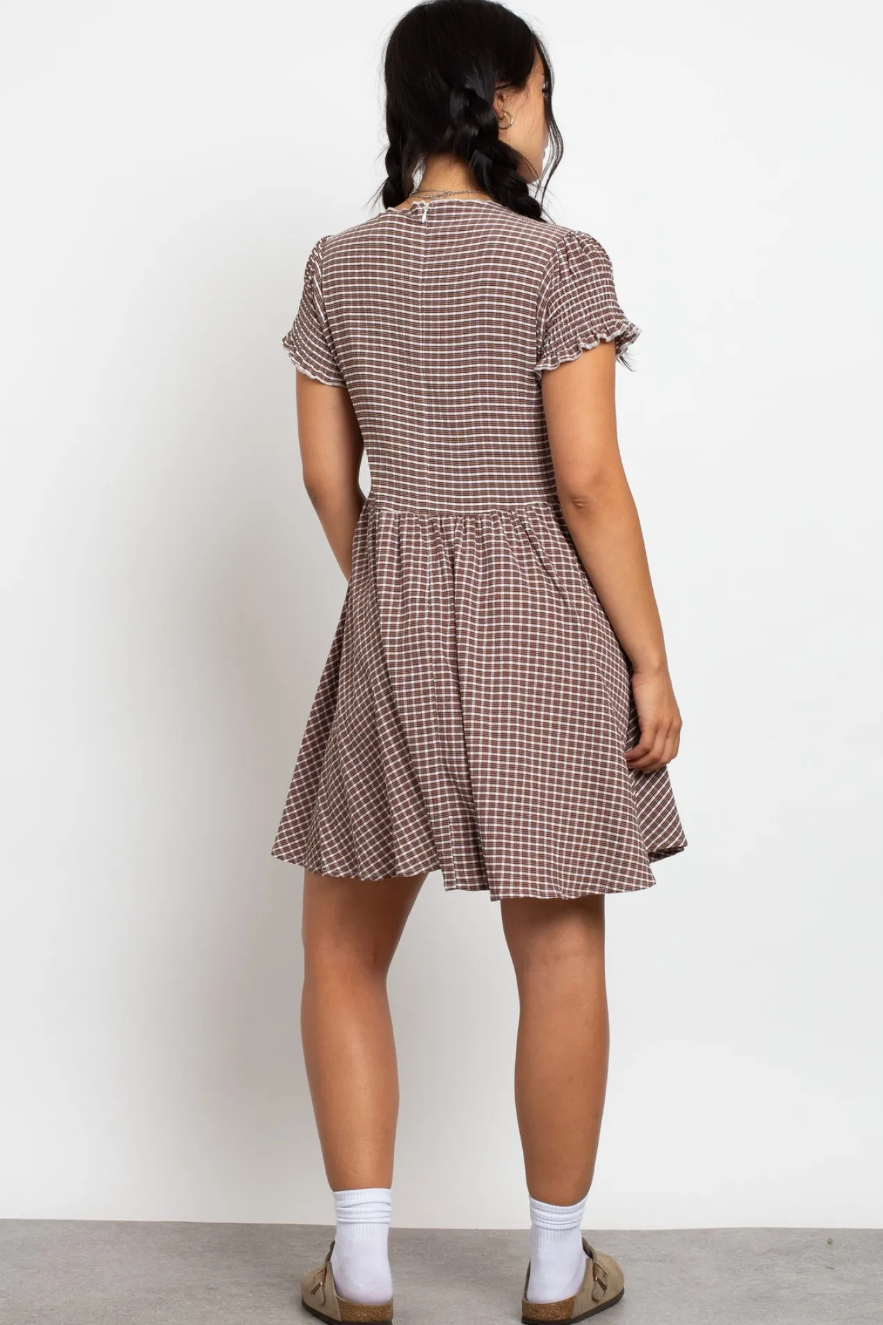 Women Daisy Street Dresses-Shirred Check Skater Mini Dress