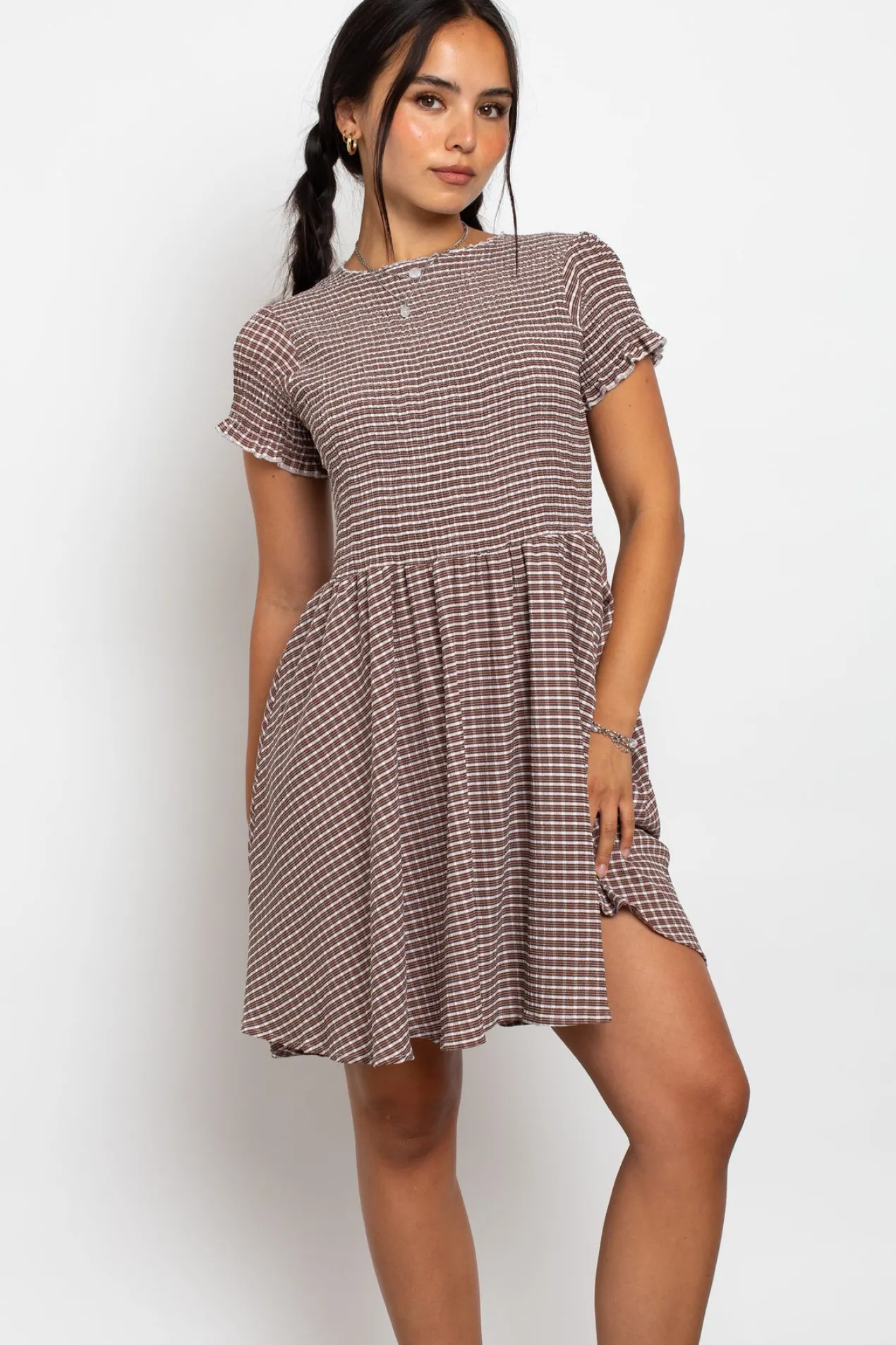 Women Daisy Street Dresses-Shirred Check Skater Mini Dress