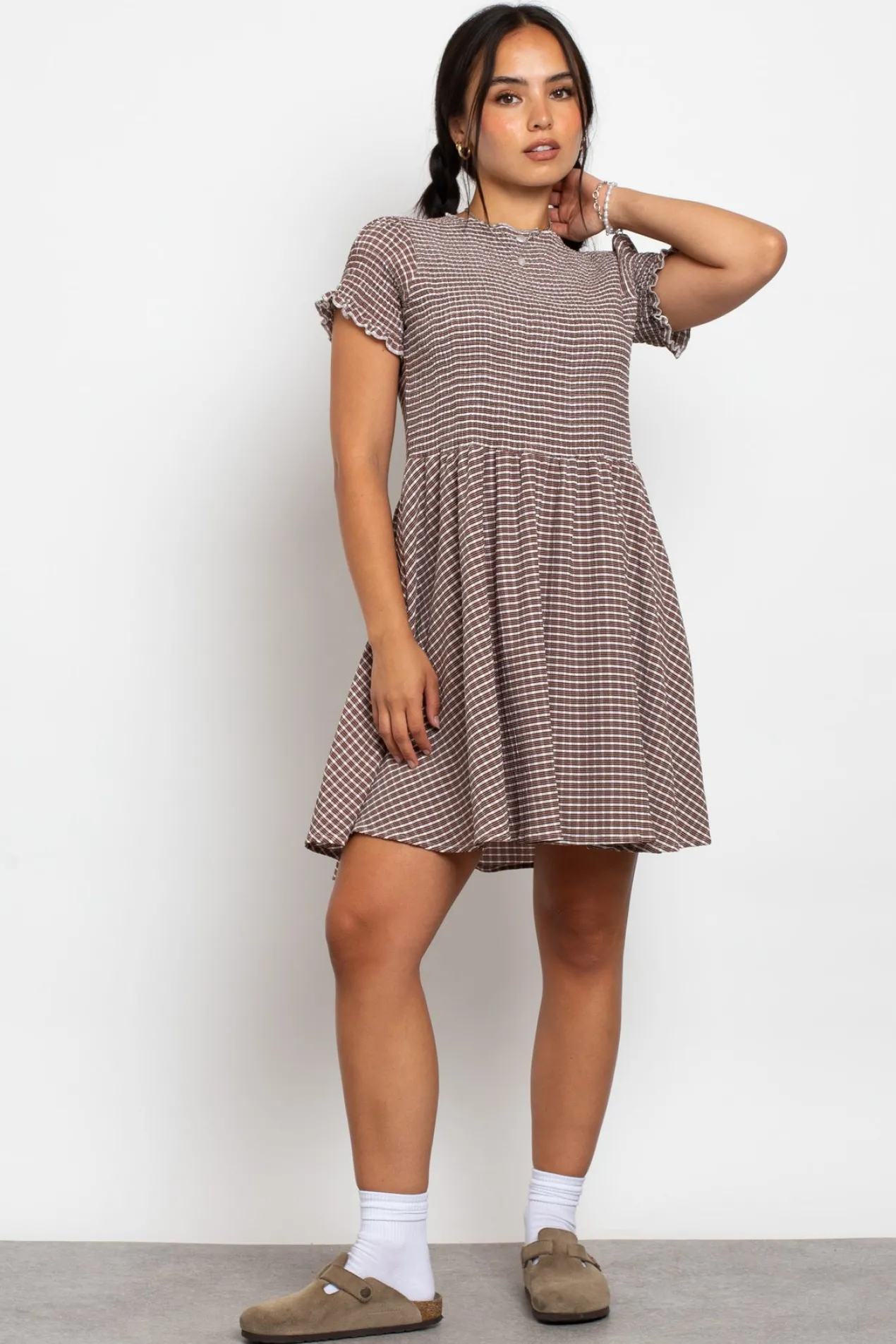 Women Daisy Street Dresses-Shirred Check Skater Mini Dress
