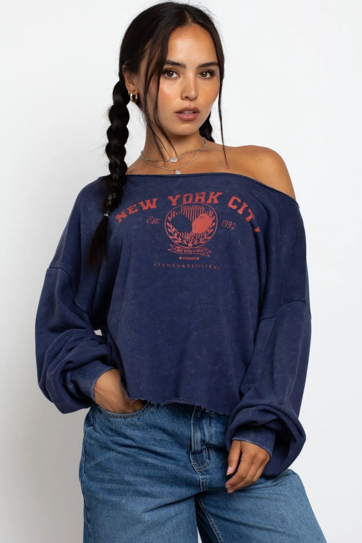 Women Daisy Street Tops | Hoodies & Sweatshirts-Slashed Neck Sweat With New York City Graphic