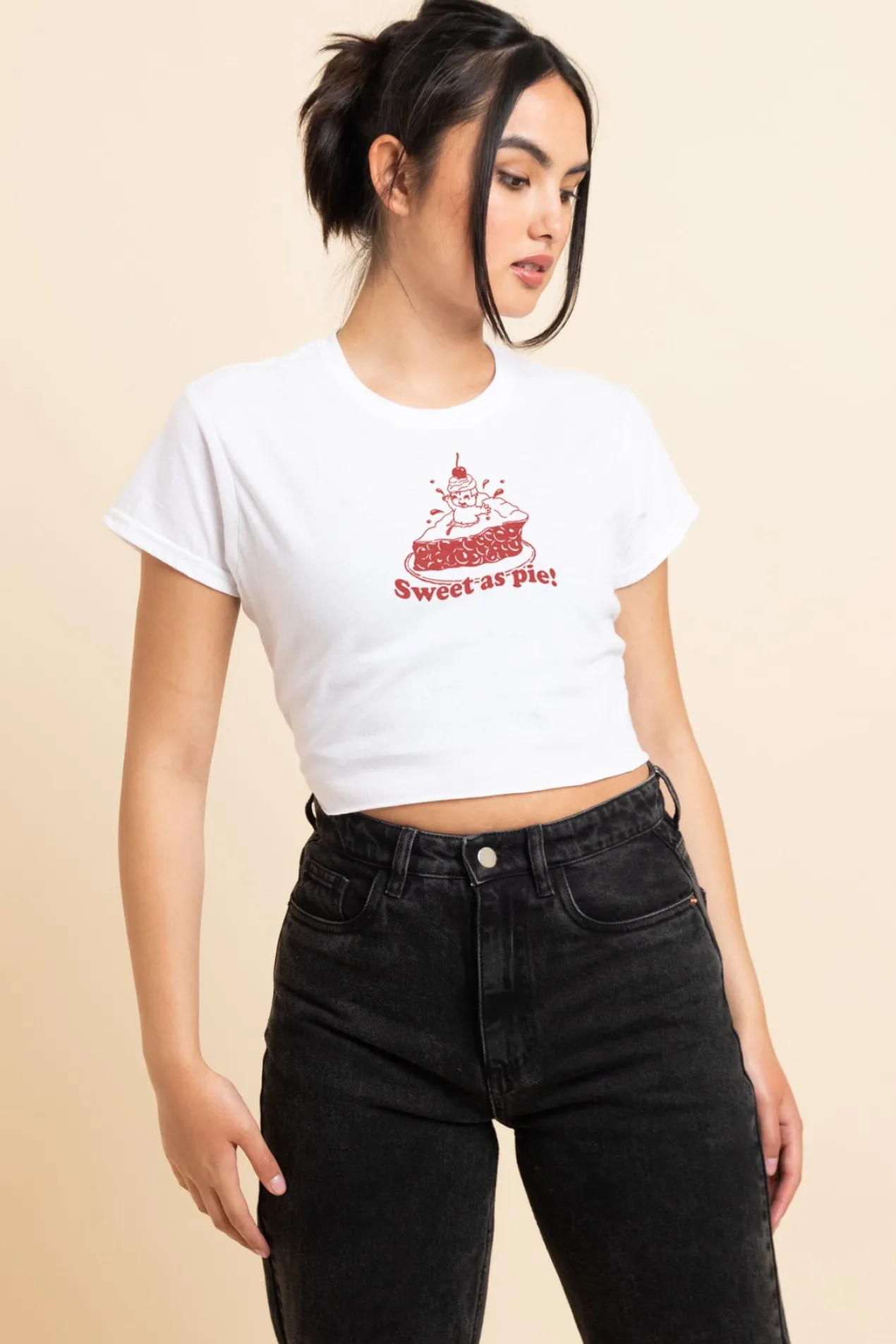 Women Daisy Street T-Shirts-Slim Crop T-Shirt with Sweet As Pie Print