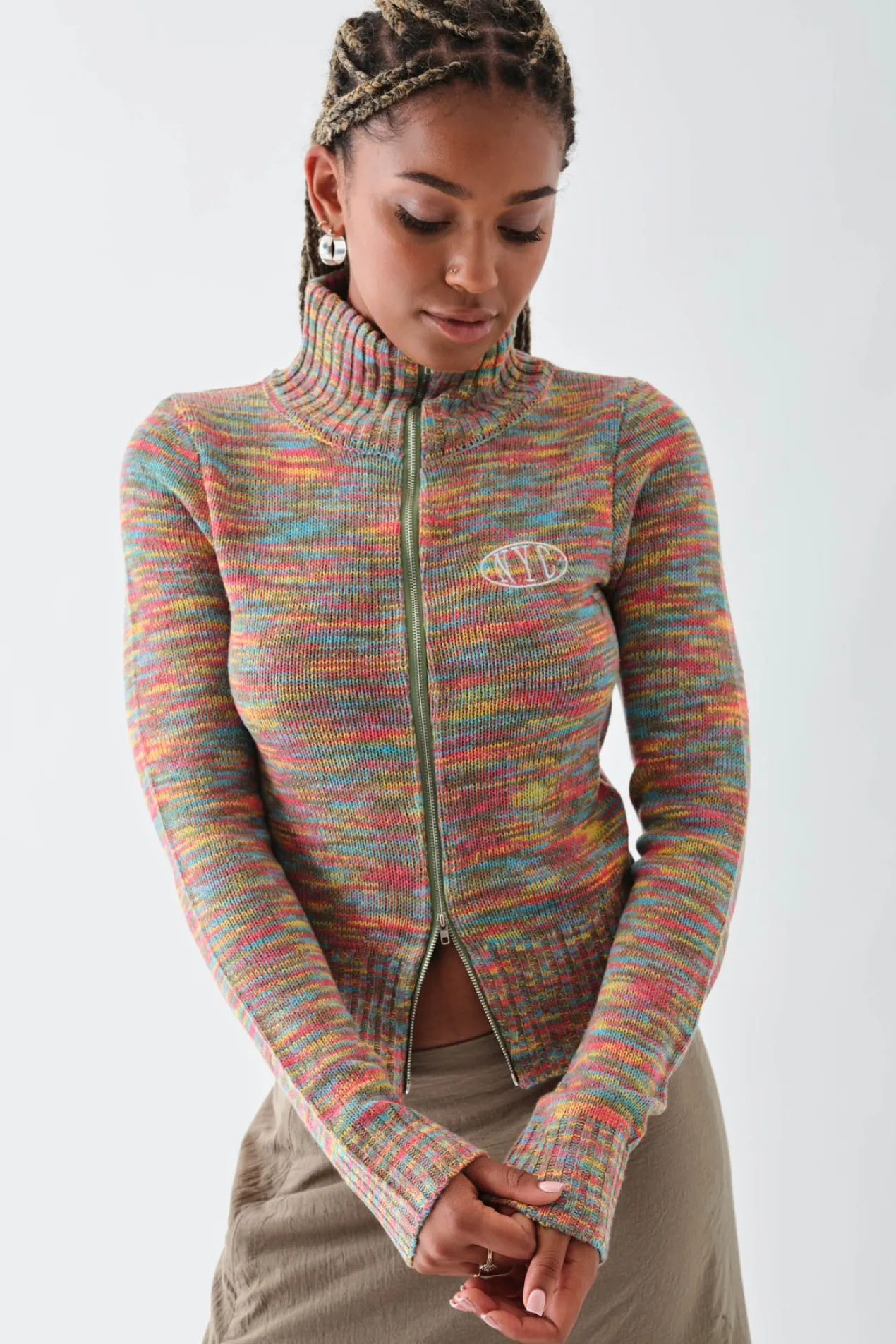 Women Daisy Street Tops-Space Die Zip Knitted Top with Embroidery