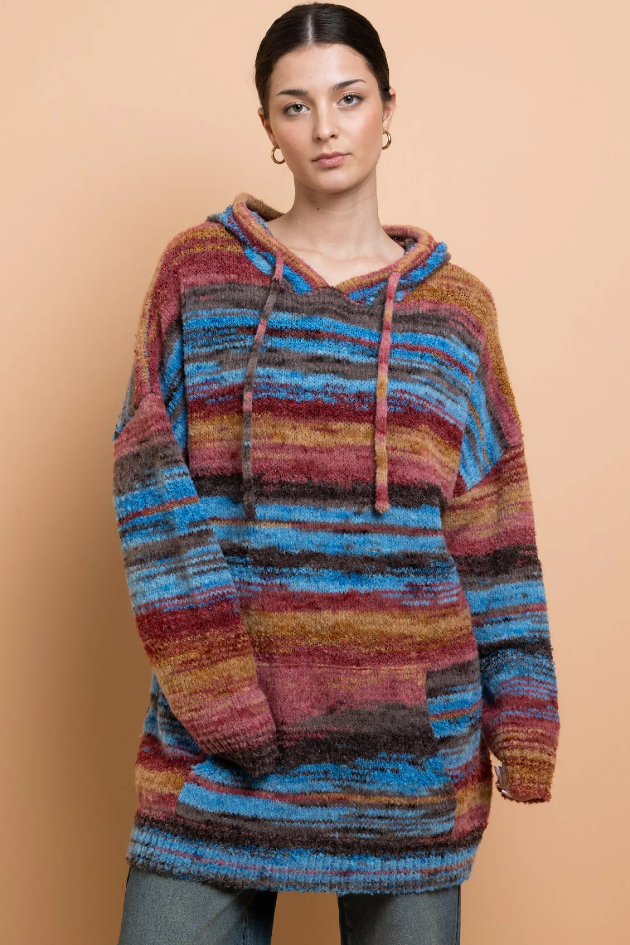 Women Daisy Street Tops-Space Dye Hooded Sweater With Kangaroo Pocket