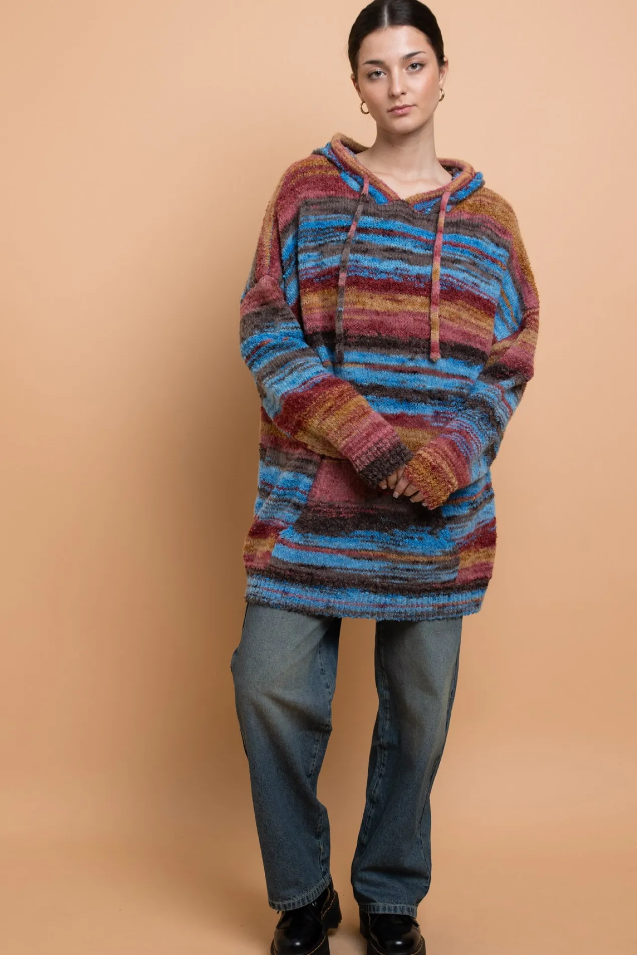 Women Daisy Street Tops-Space Dye Hooded Sweater With Kangaroo Pocket