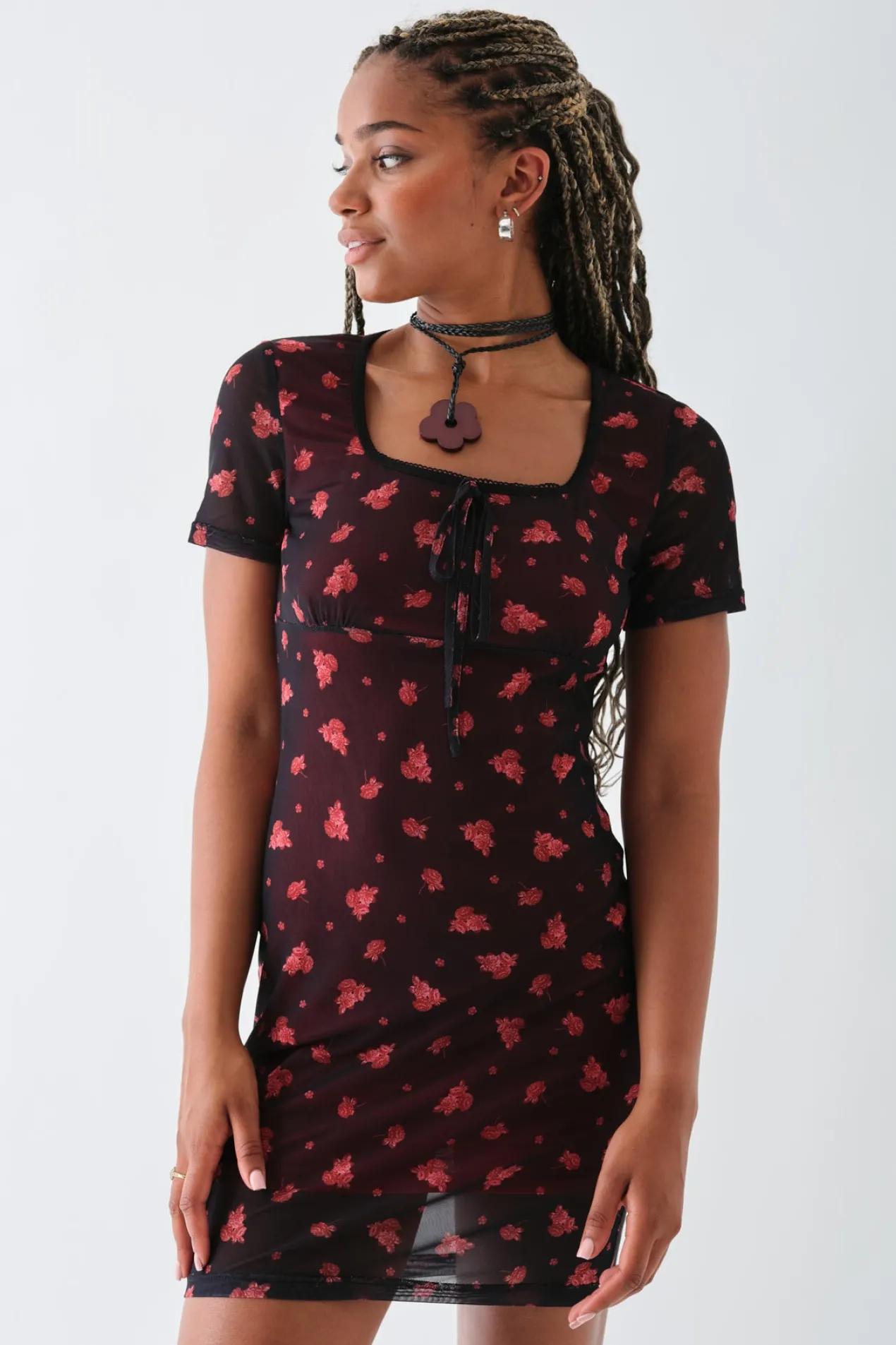 Women Daisy Street Dresses-Square Neck Mesh Mini Dress