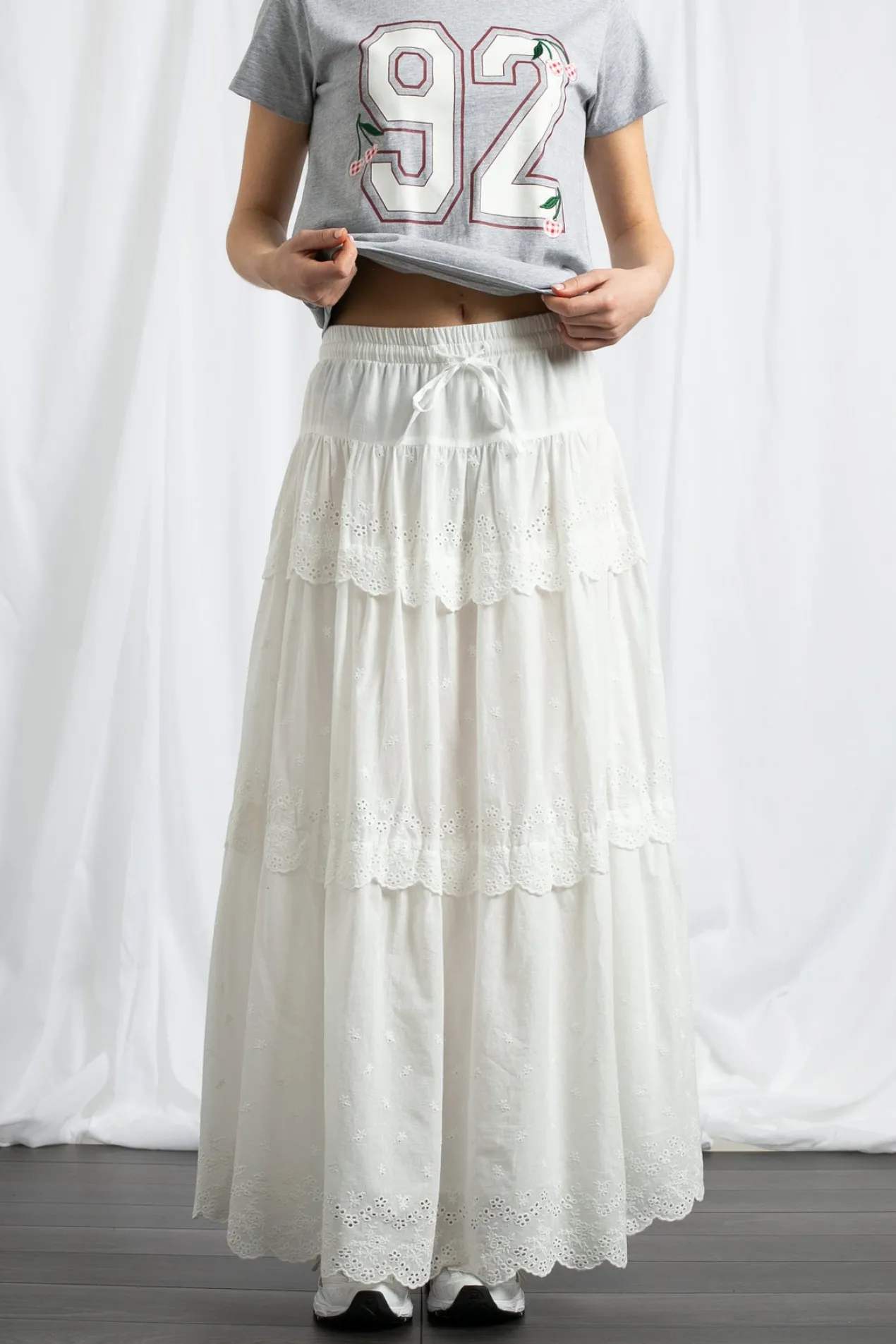 Women Daisy Street Skirts-Three Tiered Maxi Skirt With Elasticated Waist And Broderie Trim