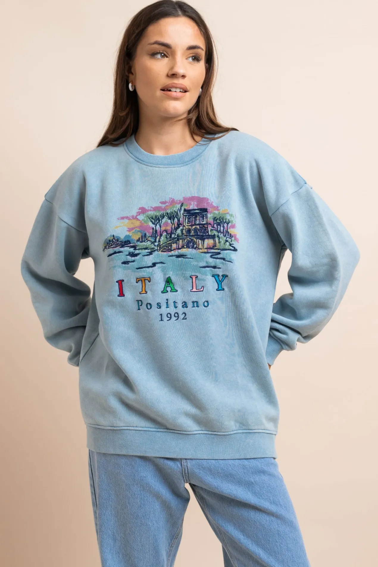 Women Daisy Street Hoodies & Sweatshirts-Washed Sweat With Print & Embroidery